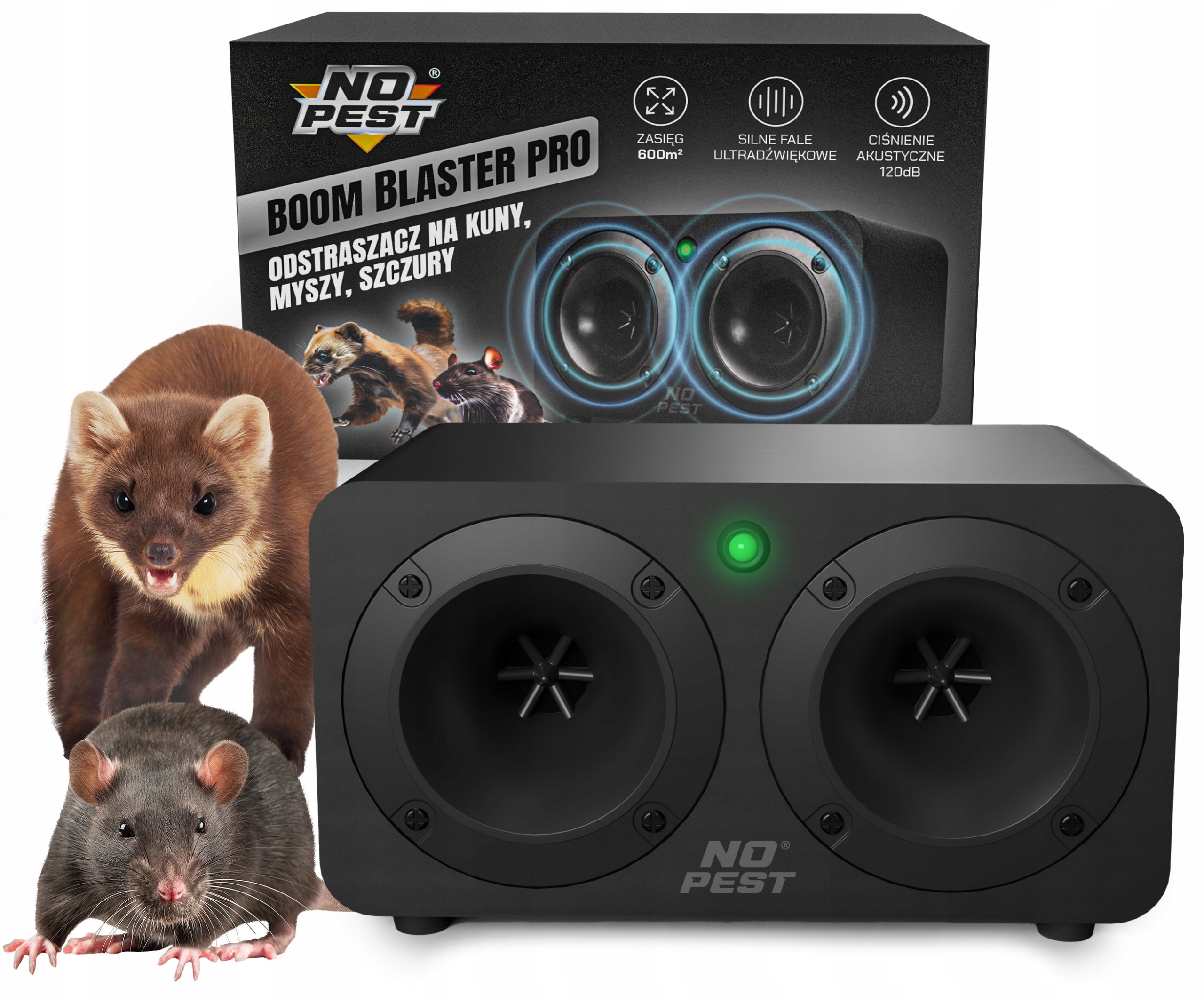 Ultradźwiękowy Odstraszacz Kun Szczurów Myszy Gryzoni Na Kuny Boom Blaster