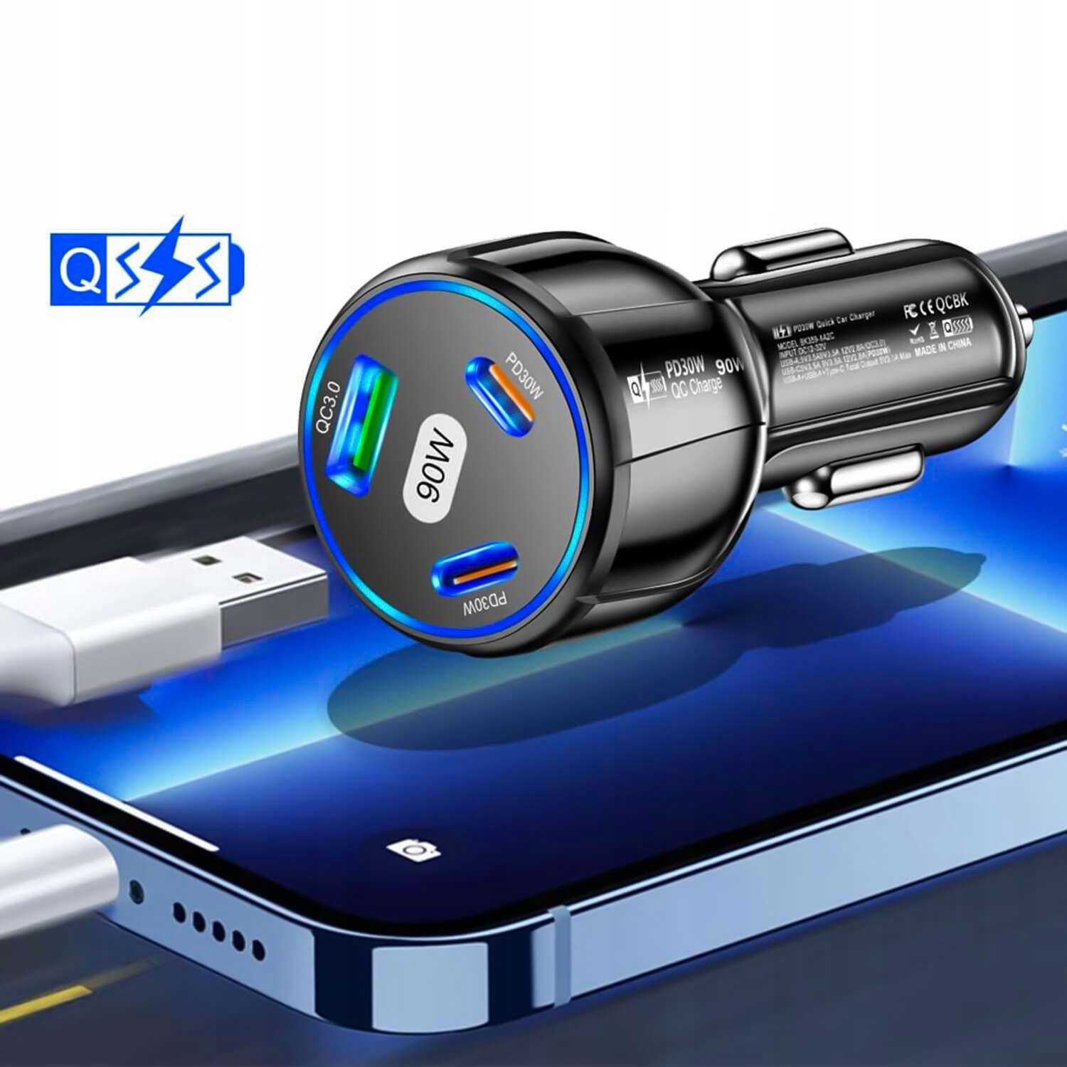 SZYBKA ŁADOWARKA SAMOCHODOWA 2xUSB-C C PD 30W + USB QC 3.0 LED MOCNA CZARNA Złącza USB typ C USB