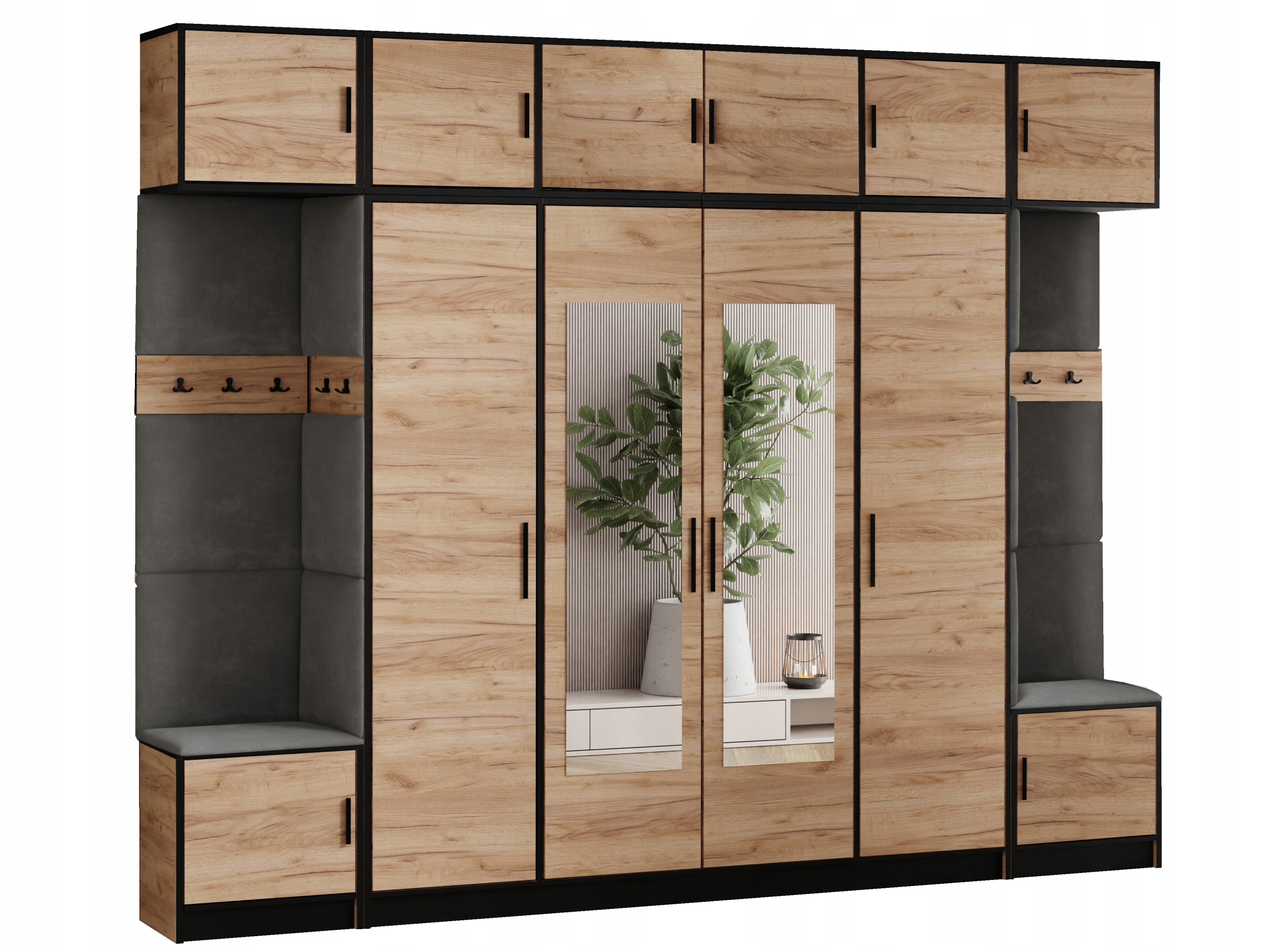 Šatní skříň s nástavcem Dior 17 dub craft zlatý šedá tkanina sedák