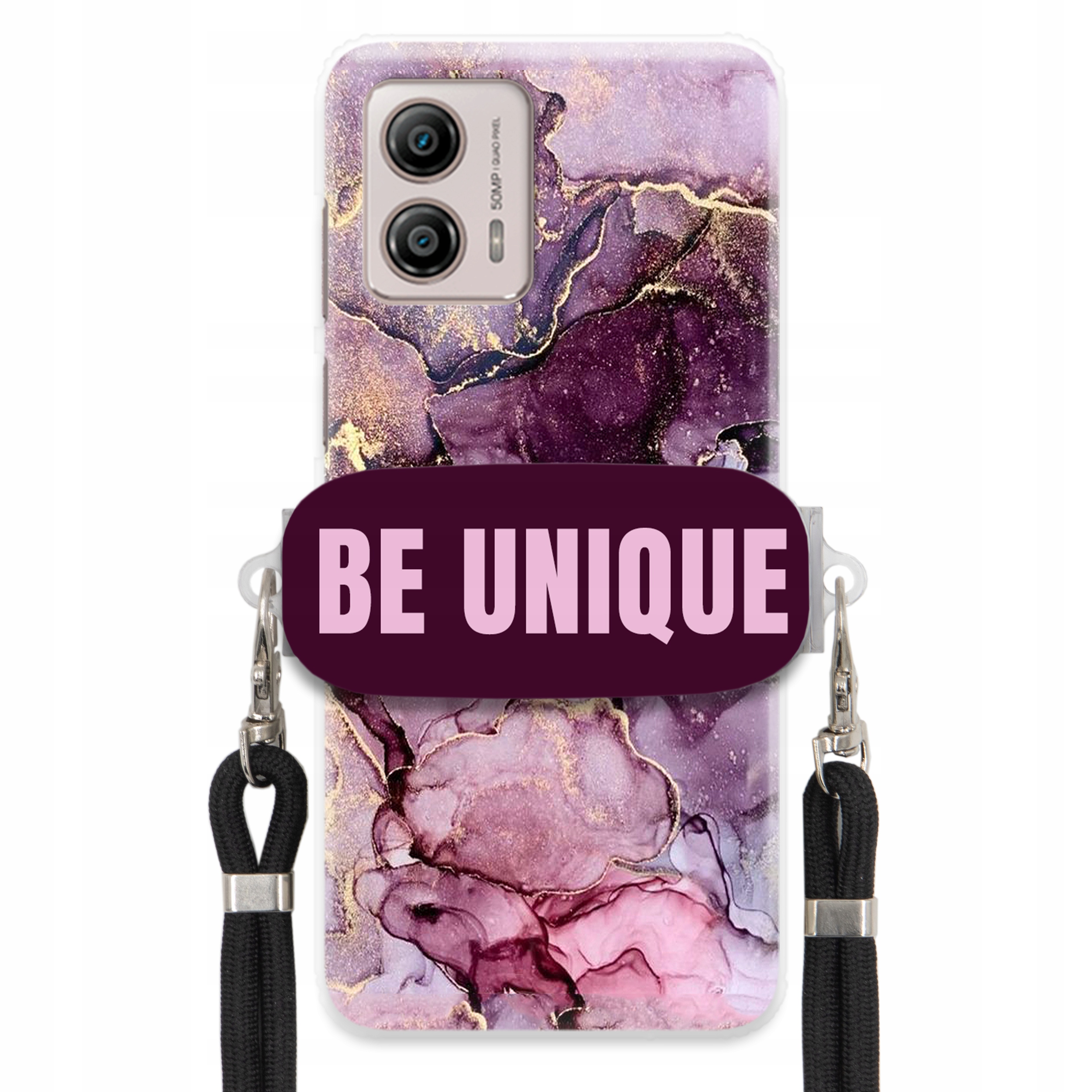 Prémiové puzdro pre Motorola G53 Case Uchywt Šnúrka Čierna Fialová Mramor