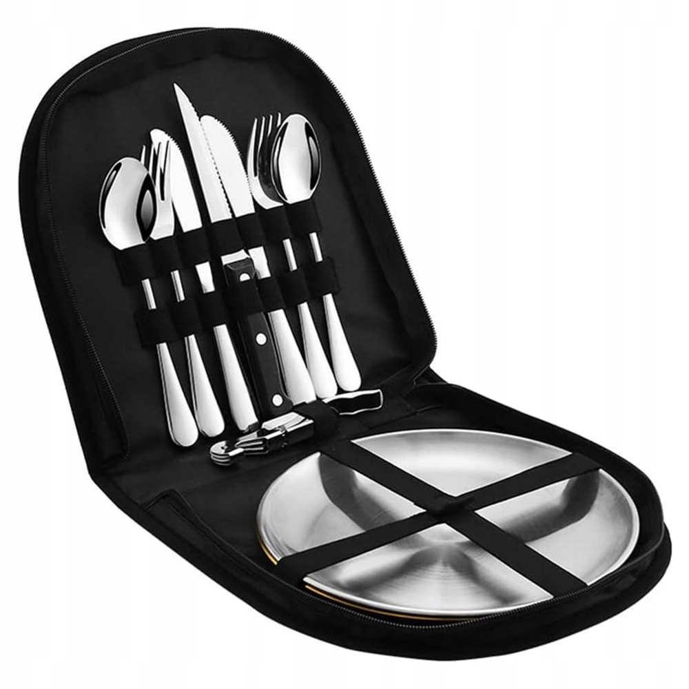 Zestaw sztućców i talerzy turystycznych ze stali nierdzewnej w etui 11 el.