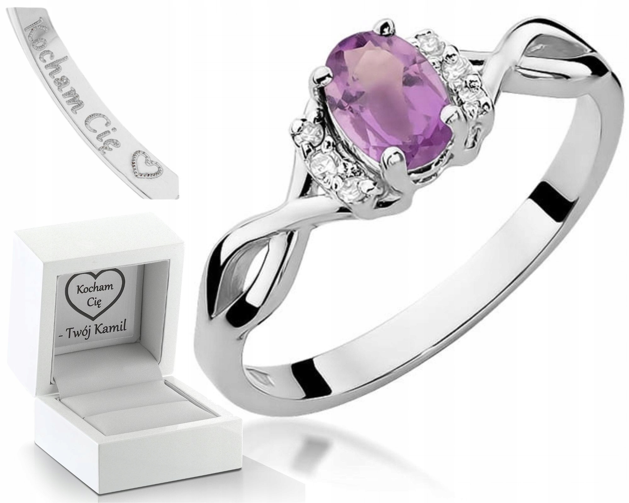 Zásnubní Prstýnek Ametyst Bílé Zlato Gravírování Bonus 585 Dárek