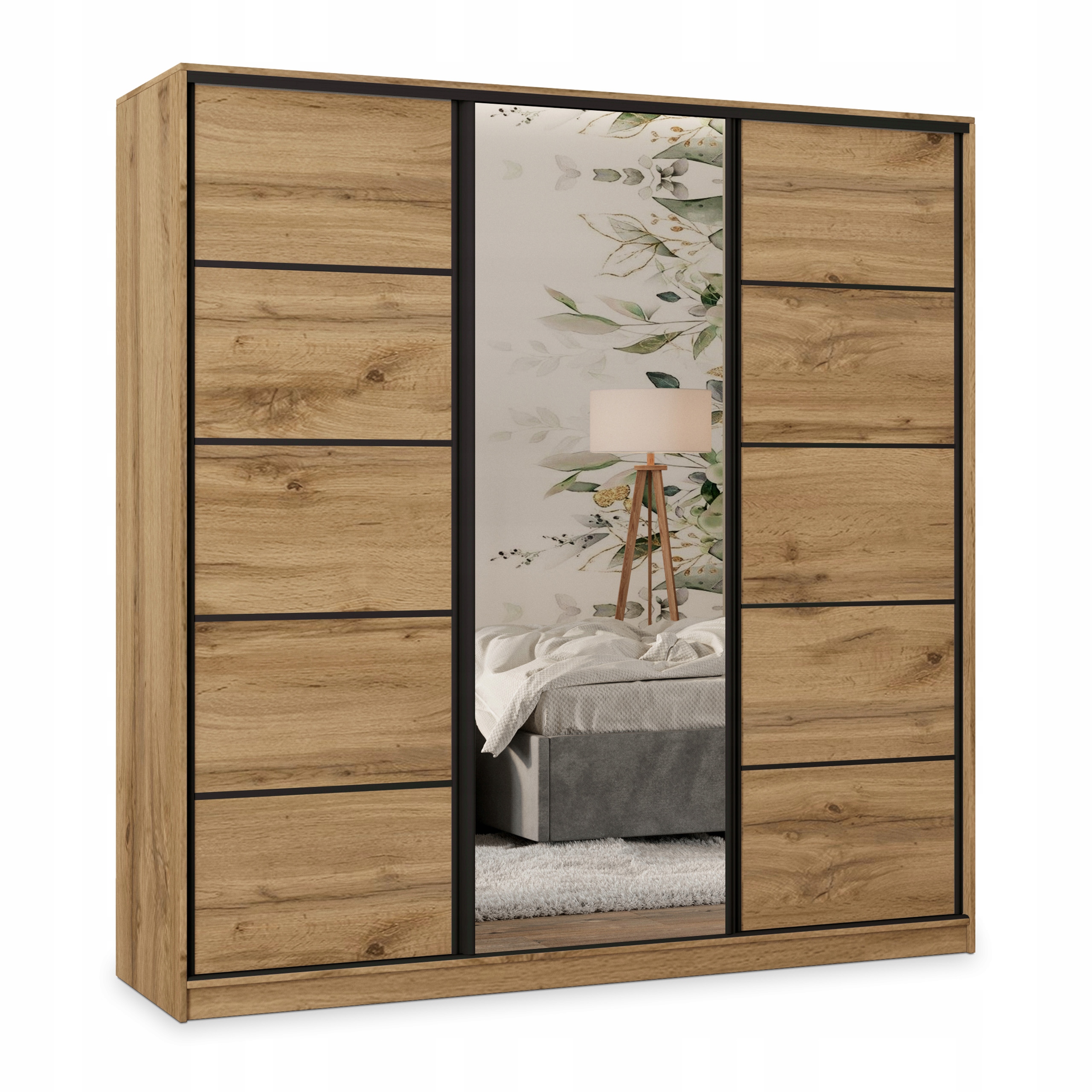 Skříň Posuvná Pina 180 cm se zrcadlem Zásuvky Třídveřová Dub Wotan