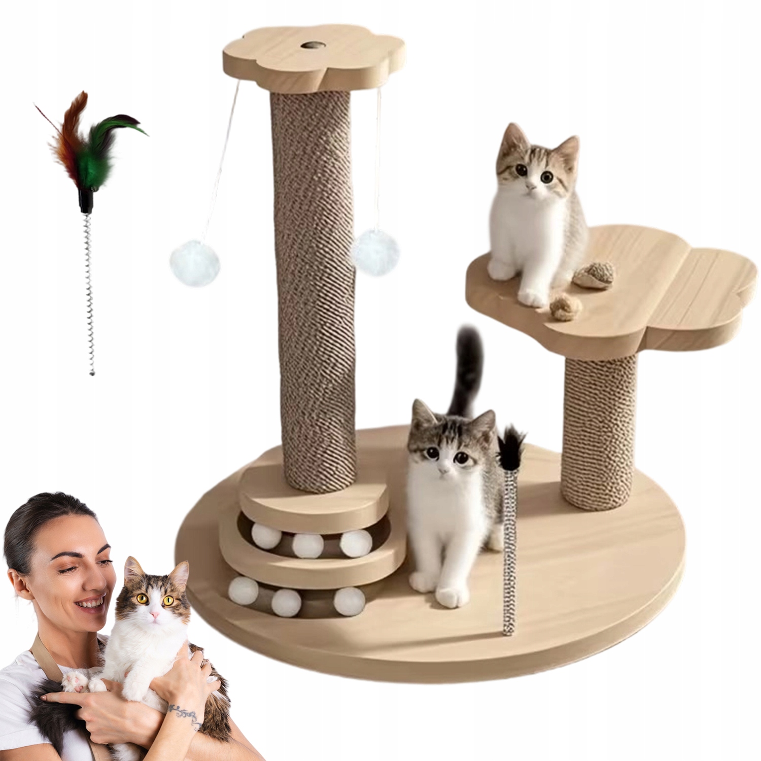 Levně Dřevěná Hračka Pro Kočky S Škrabadly A Pružinkami S Peříčky