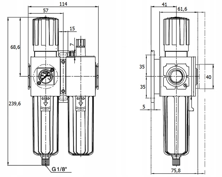 Blok przygotowania powietrza G 1/2 GW do 10 bar, regulacja 1,5-9 bar Marka Flowmatik