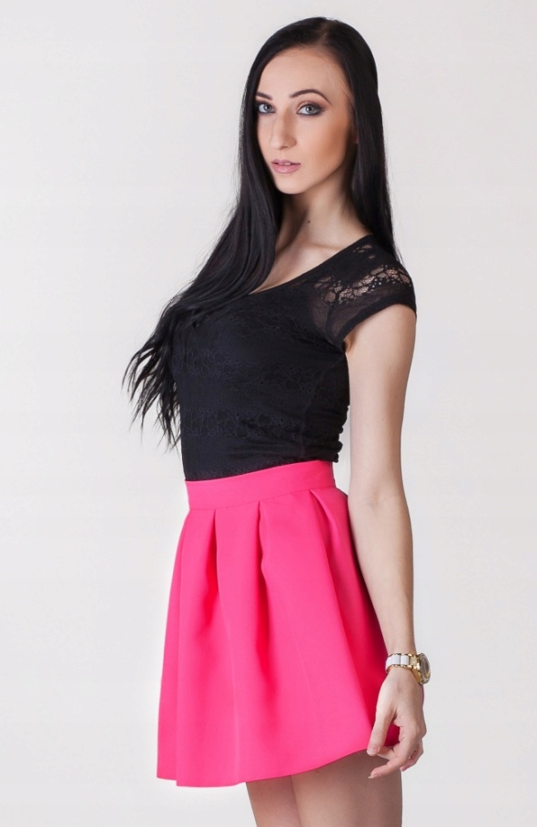 MODNA RÓŻOWA SPÓDNICZKA ROZKLOSZOWANA w ZAKŁADKI na ZAMEK XS (34) Wzór dominujący bez wzoru