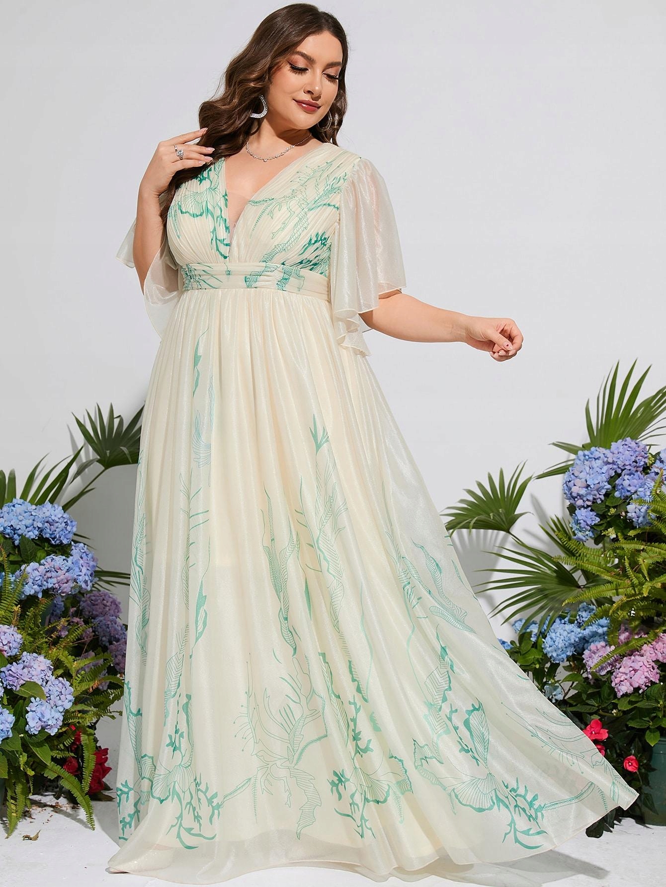 HC63112 Shein Elegantní Šaty Maxi Šifon Potisk Výstřih V (25) 50