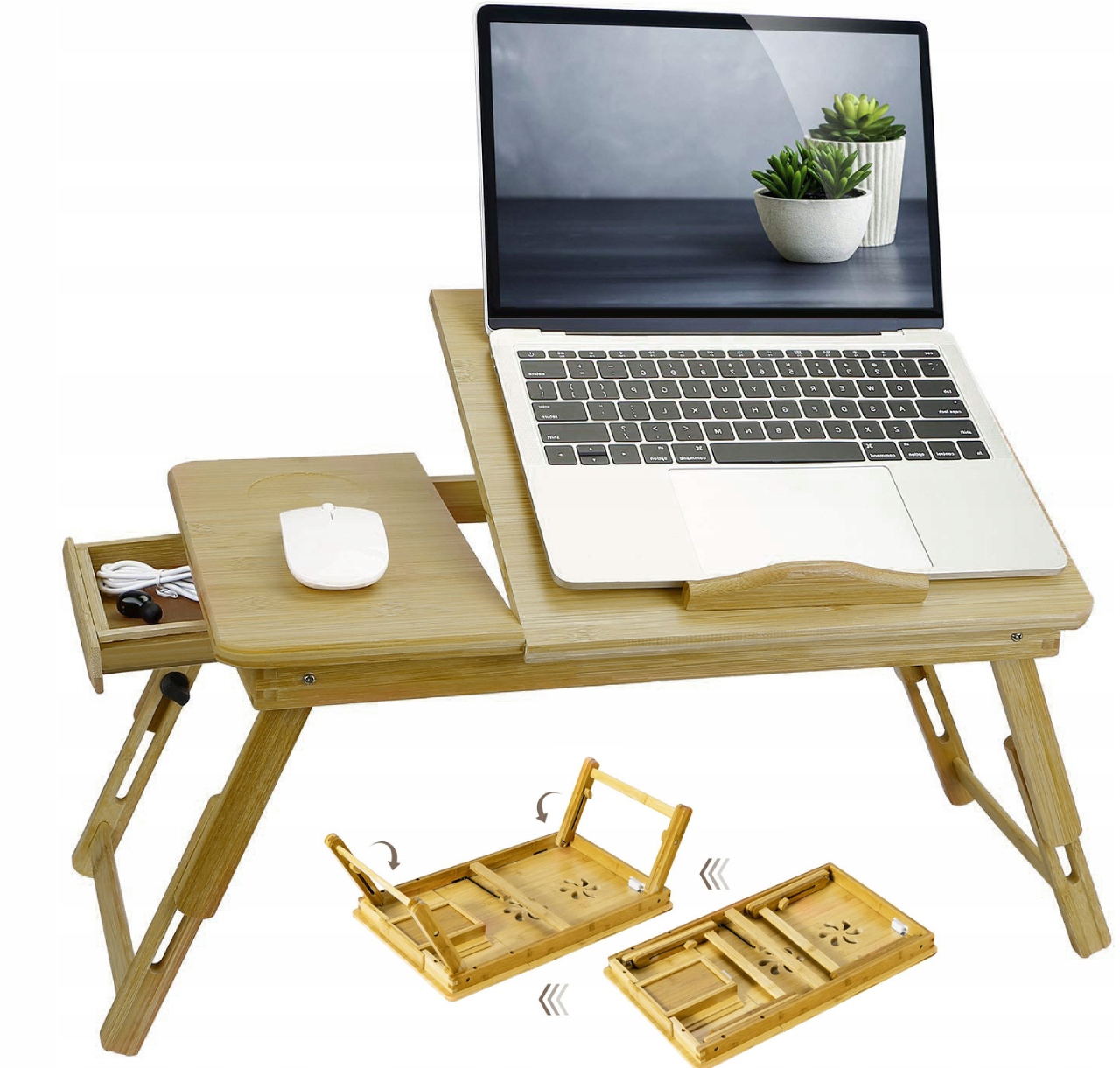 СТОЛ ДЛЯ НОУТБУКА ДЛЯ КРОВАТИ СКЛАДНОЙ МОБИЛЬНЫЙ РЕГУЛИРУЕМЫЙ БАМБУКОВЫЙ ЗАВТРАК