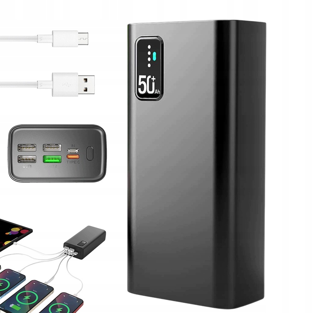 Powerbanka 30000 Mah Nabíjí 5 Zařízení S Nabíjecím Kabelem, Černá, 22.5 W