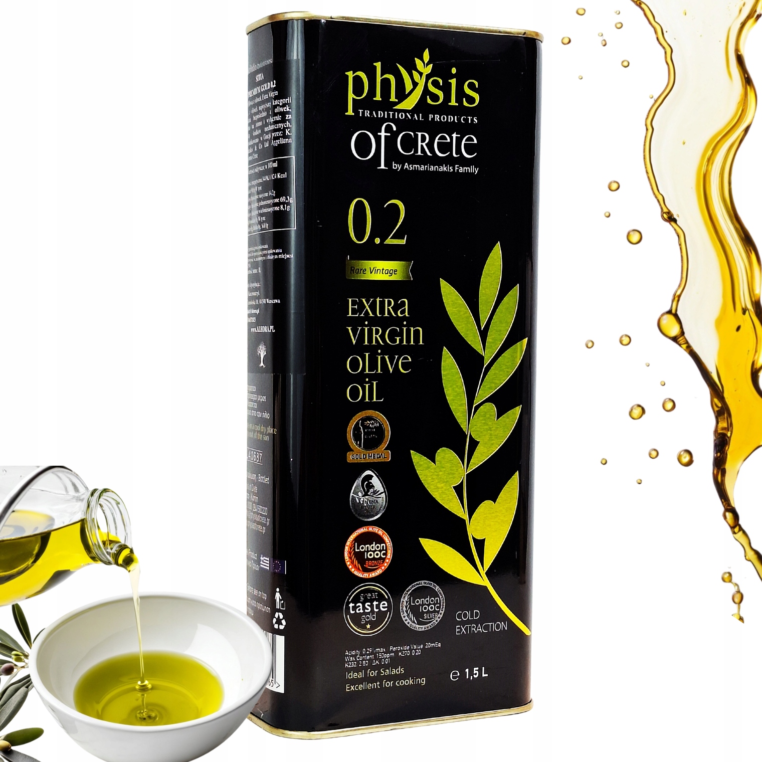 Physis Grecka Oliwa Extra Virgin 1,5 L Koroneiki 0,2% data 07/2026 Evoo