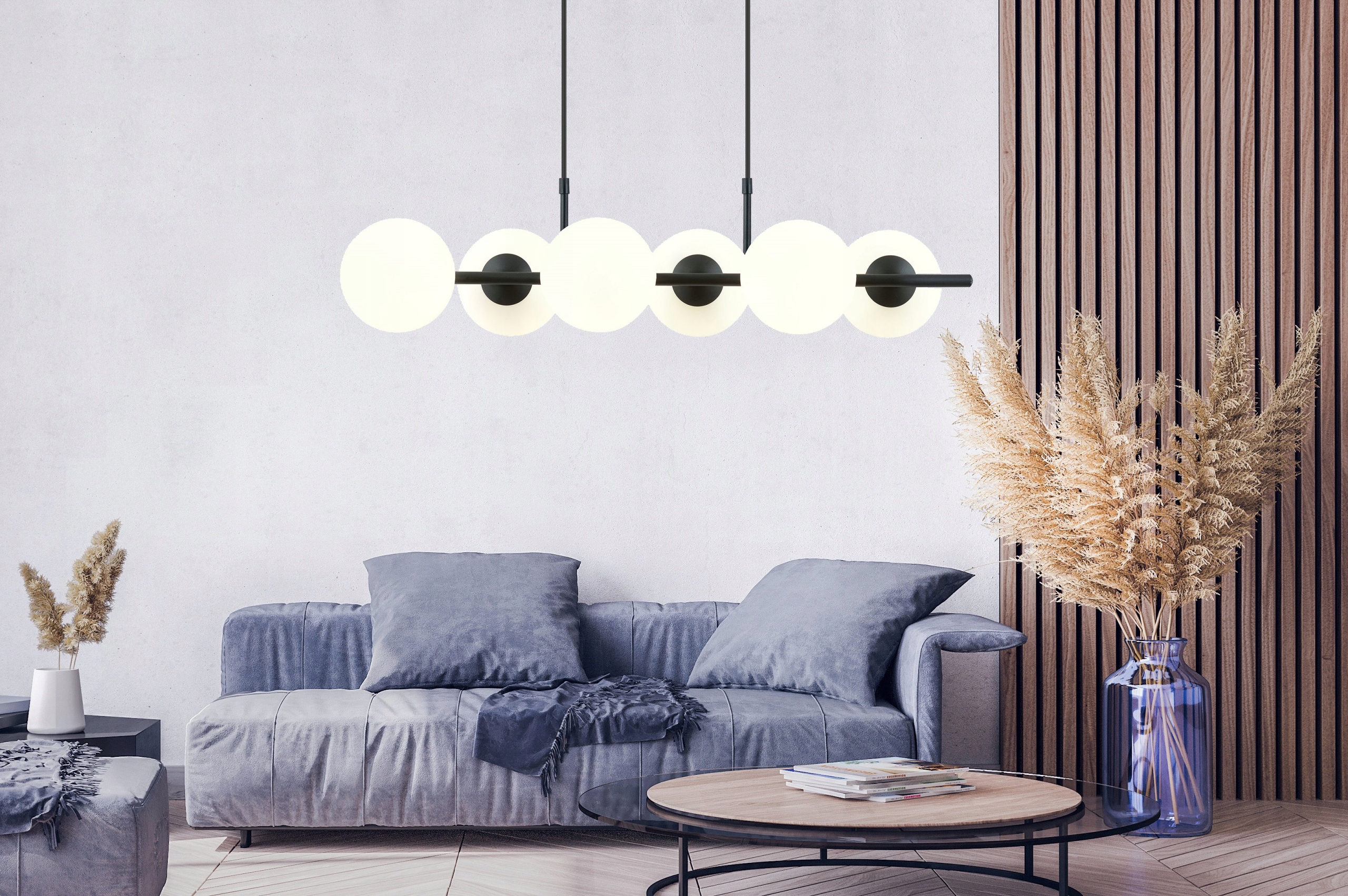 Závěsná lampa, čistota bílé barvy, řada koulí Rory, do předsíně a šatny
