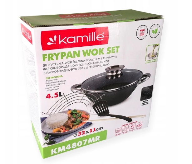 WOK żeliwna patelnia głęboka 32 cm z pokrywą Kolor czarny