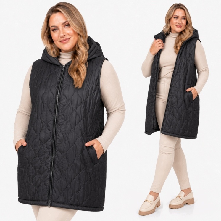 Prošívaná vesta s kapucí Dlouhá Vesta Plus Size 54 56 7XL 8XL