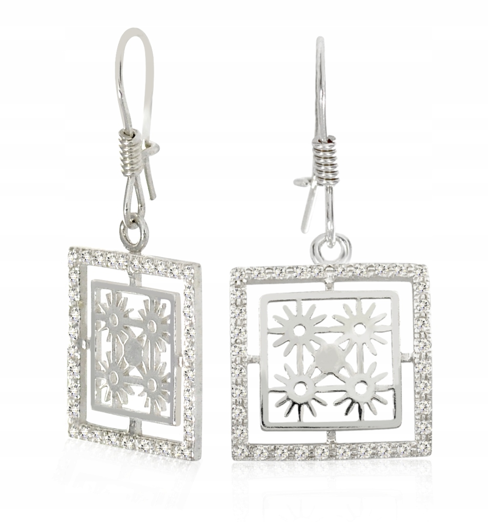 Stříbrné Náušnice Slunečnice 925 Ažur Čtverec Květ