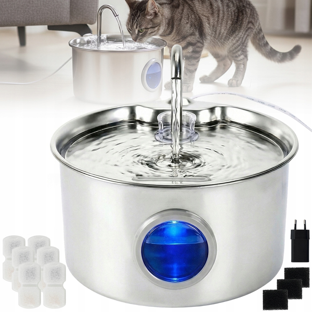 Fontanna Poidełko Dla Kota Psa Ze Stali 2.6L Cicha Filtr Wody Automatyczne