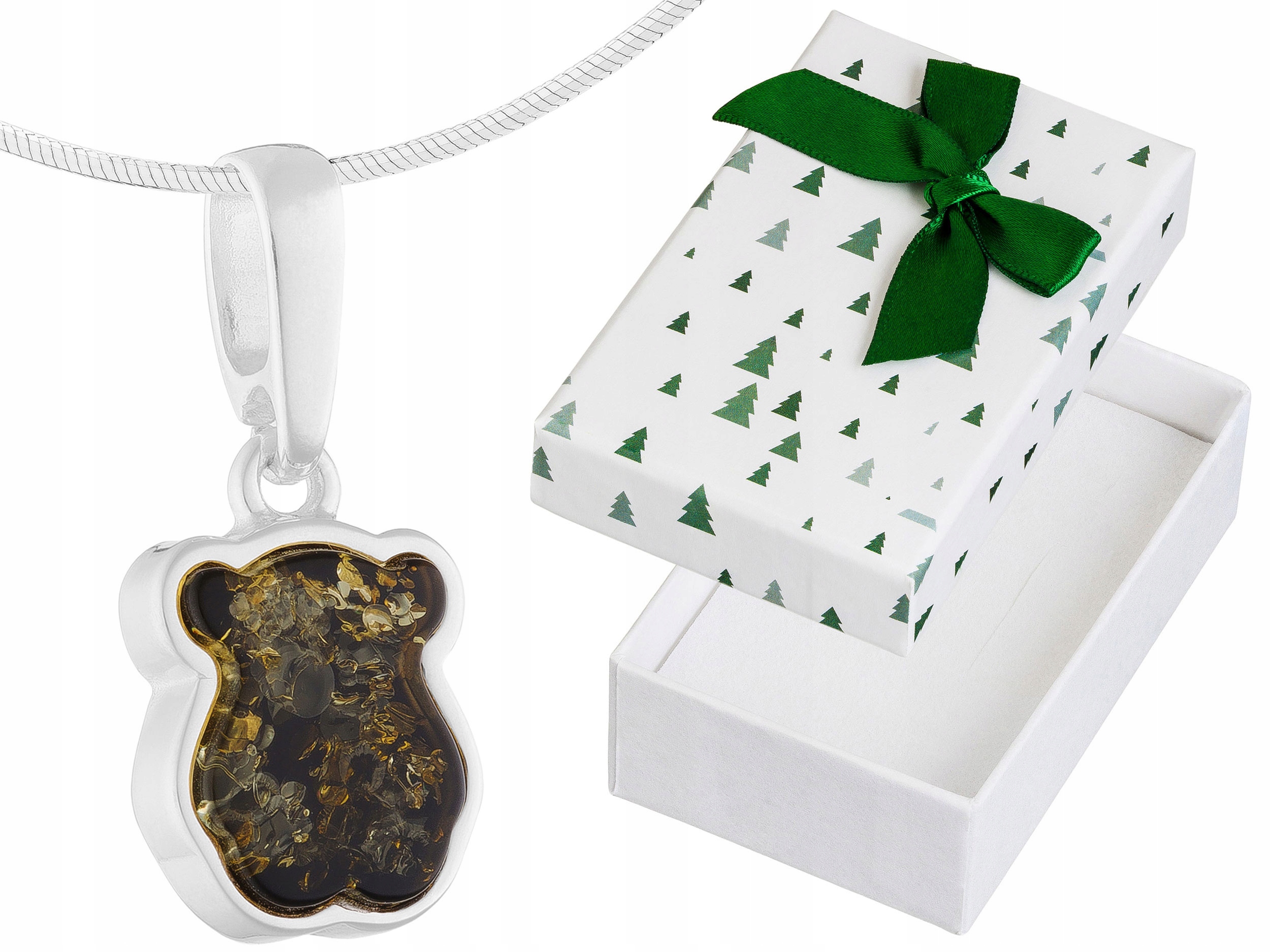 Krátký Stříbrný Dámský Náhrdelník s Medvídkem Zelený Jantar Medvídek Stříbro 45 cm