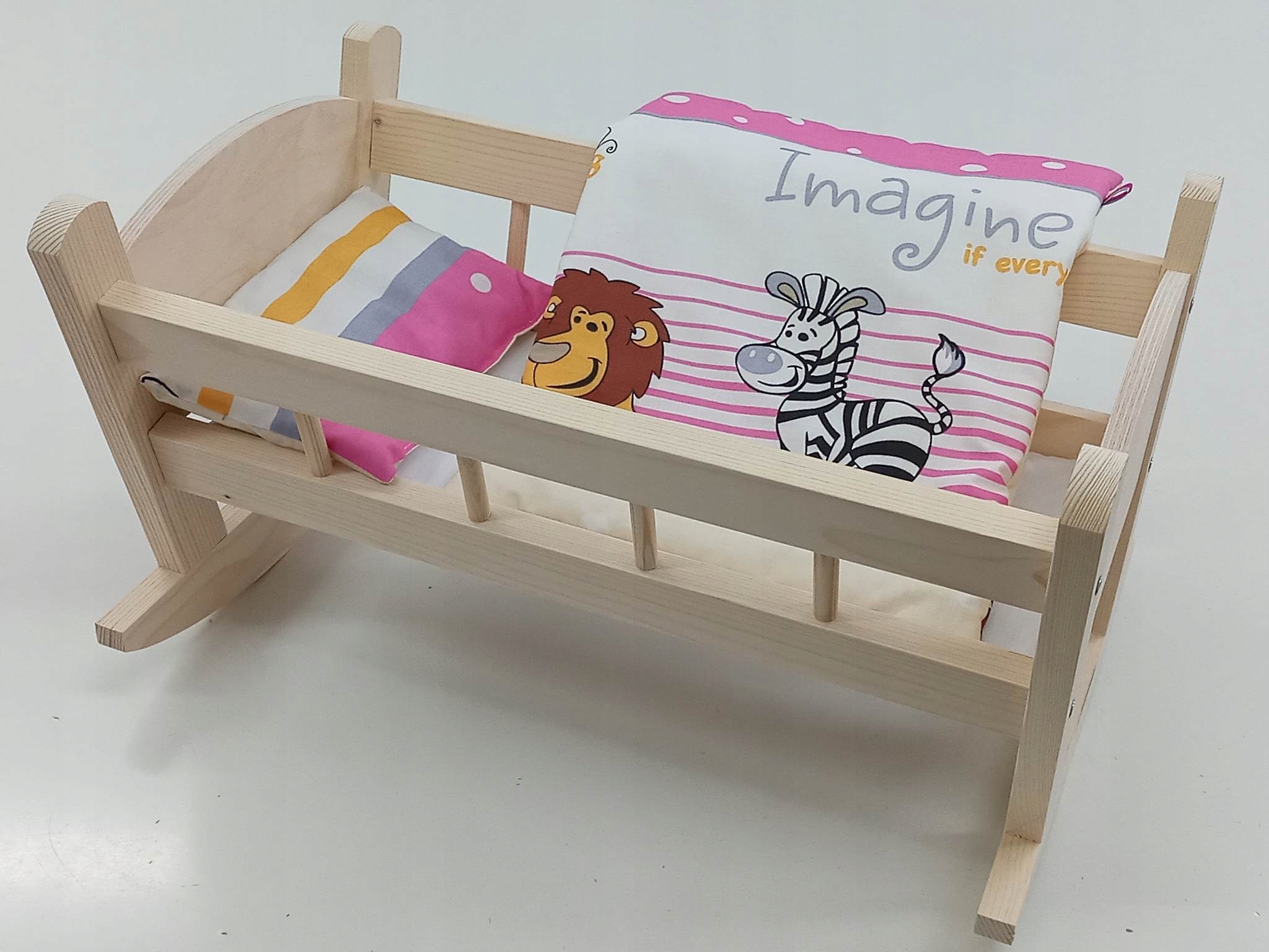 KOŁYSKA DREWNIANA dla lalek NIEMALOWANA + POŚCIEL