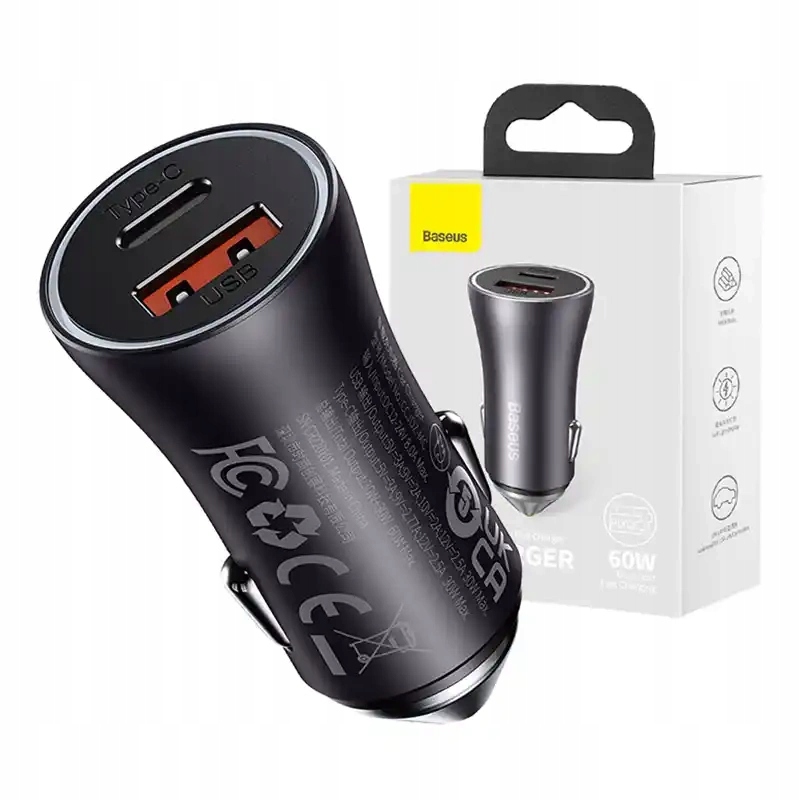 Baseus Szybka Ładowarka Samochodowa Mocna 60W LED USB + USB-C Quick Charge