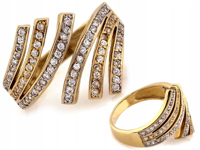 Velký zlatý prsten 585 zdobený zirkony, silný prsten, efektní vzor