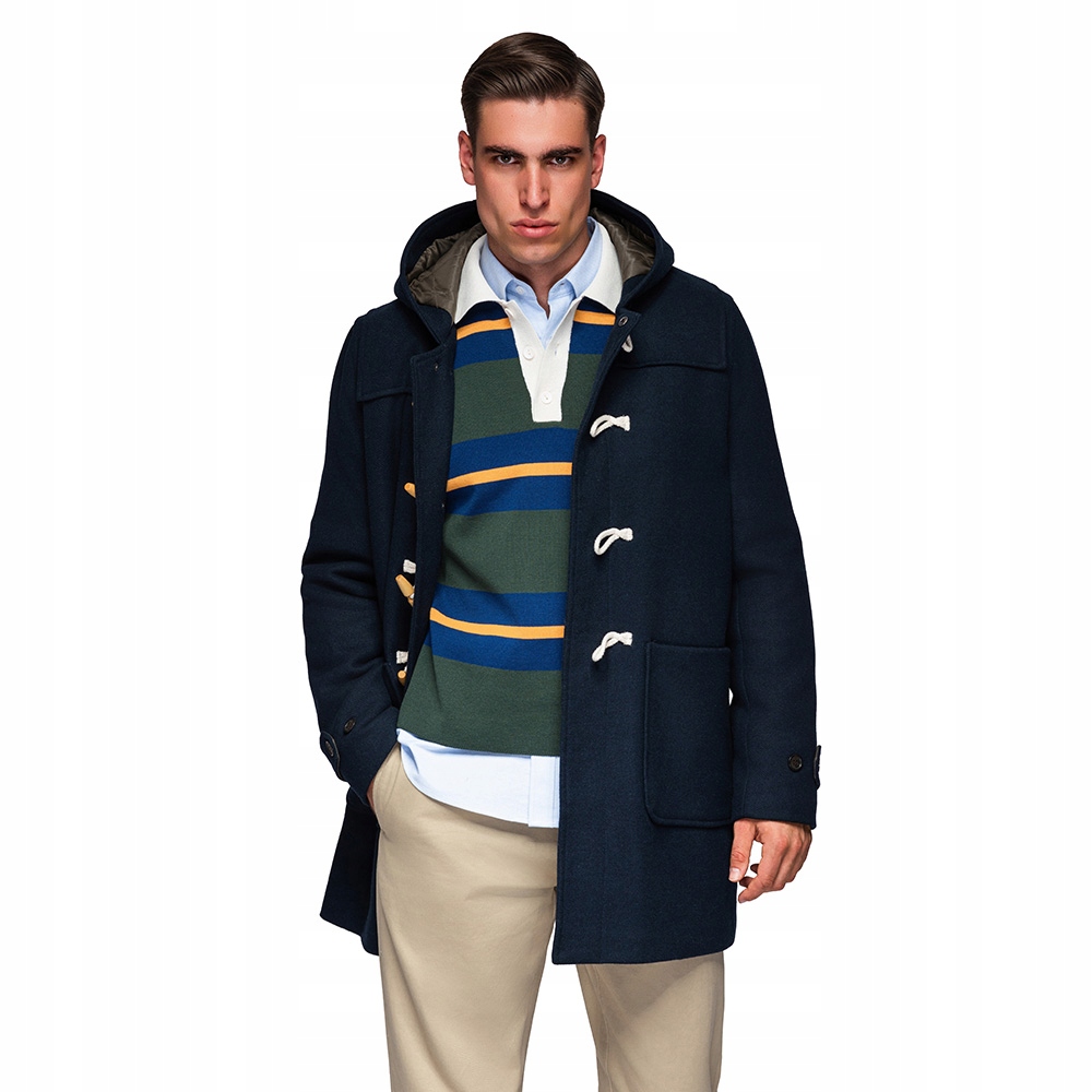 Pánský kabát s vlnou a kapucí duffle coat tmavě modrý V2 OM-COWC-0131 L