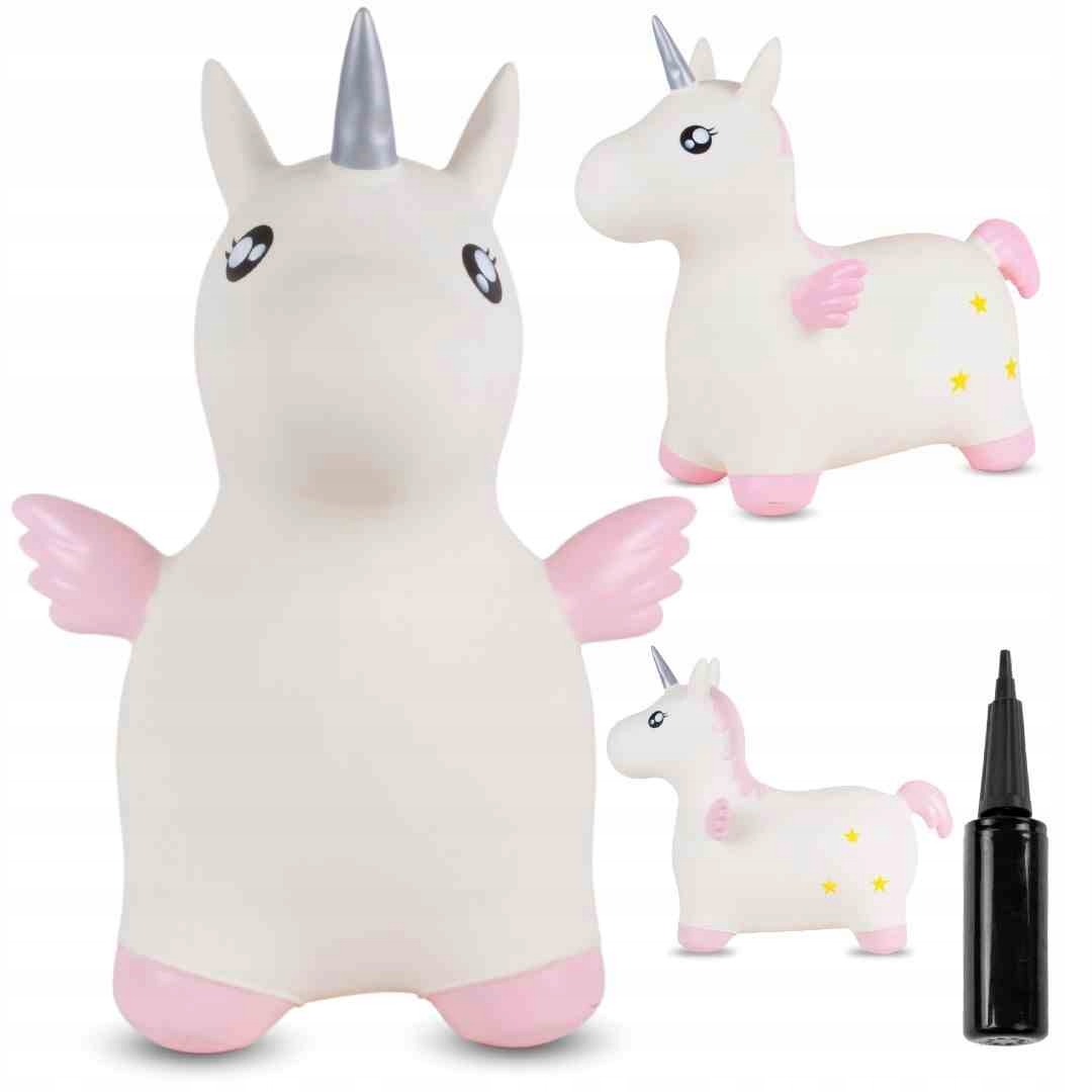 Skoczek gumowy dla dzieci JEDNOROŻEC 55 cm biały różowy ze skrzydełkami do