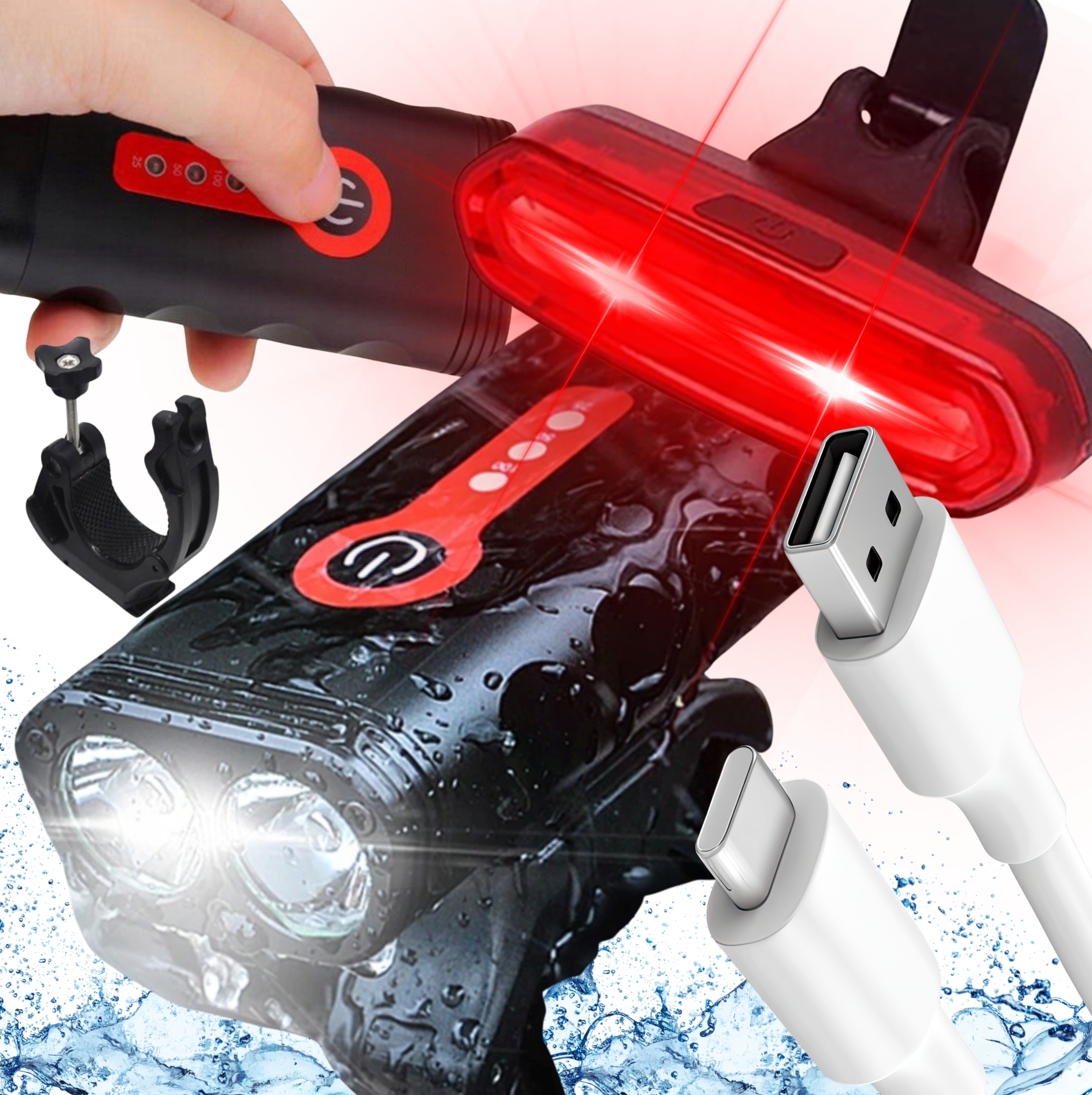 Svítilna Na Kolo Výkonná Led 1800LM Přední Zadní Led Usb Voděodolná 5 Režimů
