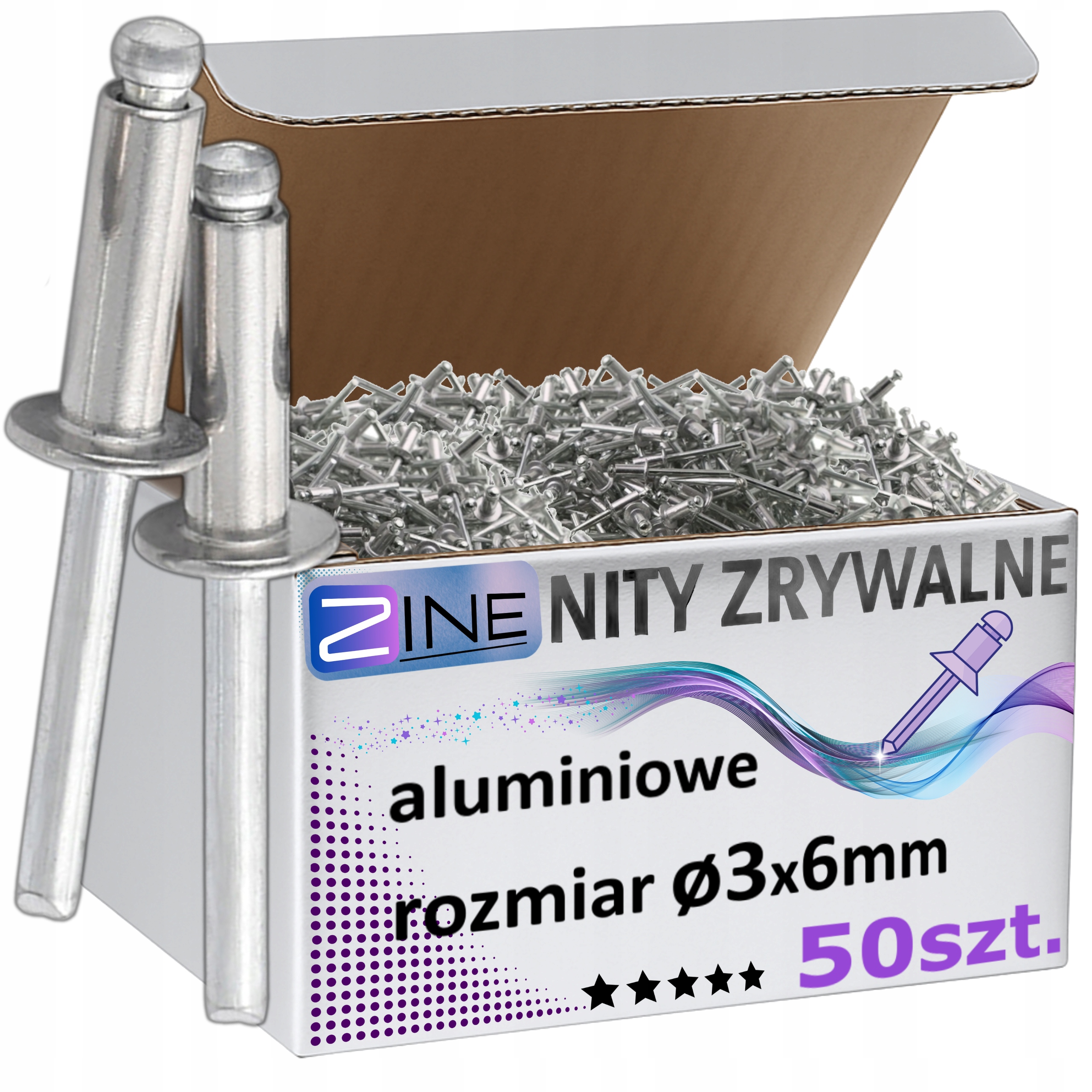 Nity Zrywalne Aluminiowe 3x6mm Odporne na Rdzę Zestaw Nitów Zine 50sztuk