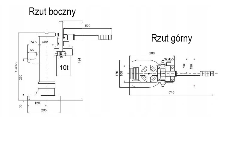 HYDRAULICZNY PODNOSNIK MASZYNOWY 10000KG PH10 10T Minimum Lifting Height 30 mm