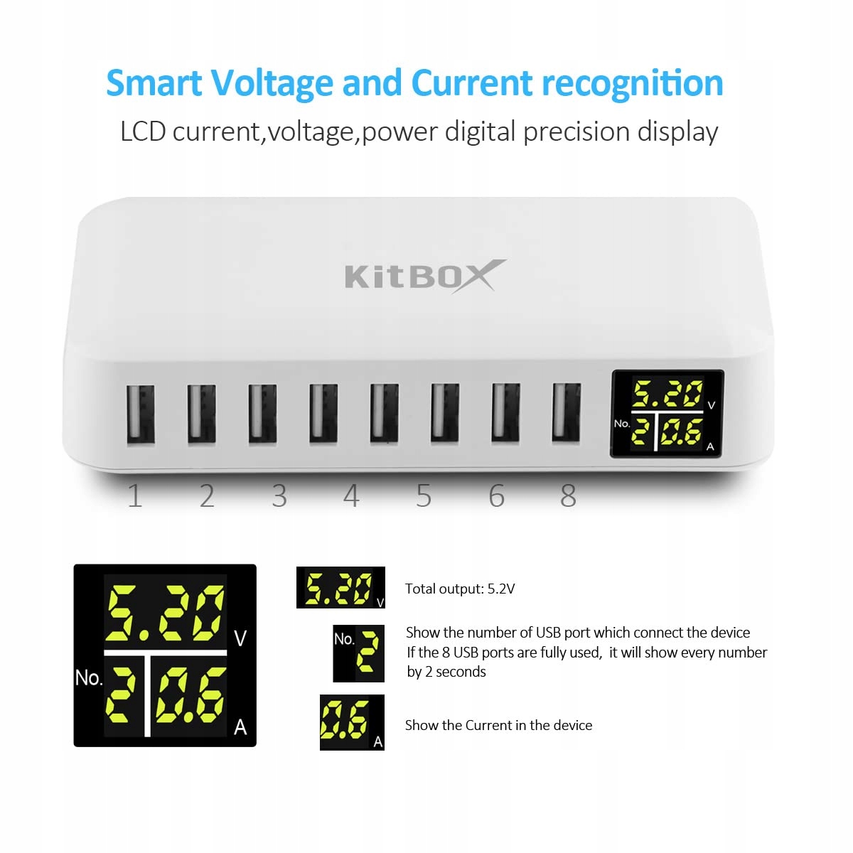 Ładowarka USB z wyświetlaczem LED, 40 W, zasilacz USB, 8 portów — miniatura 2