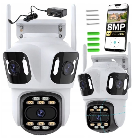 Trojitá Wifi Ip Smart Venkovní Otočná Kamera Uhd 8MP Zoom Icsee 3v1