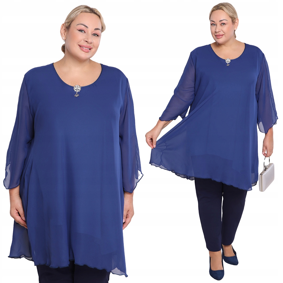 Tmavě modrá šifonová tunika s broží 52/54