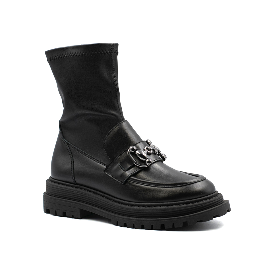 Černé dámské kotníkové boty mokasíny na platformě s koženou strečovou tkaninou CheBello 36