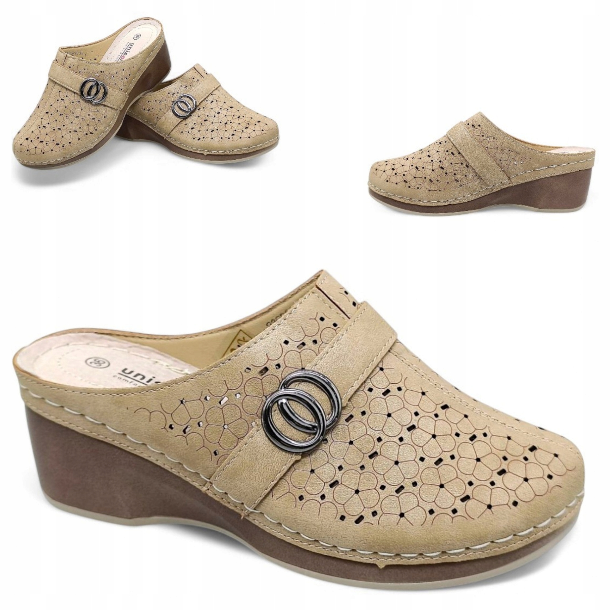 Klapki Damskie Zabudowane 37 Ażurowe Chodaki na Koturnie Lekkie Beż Unisoft