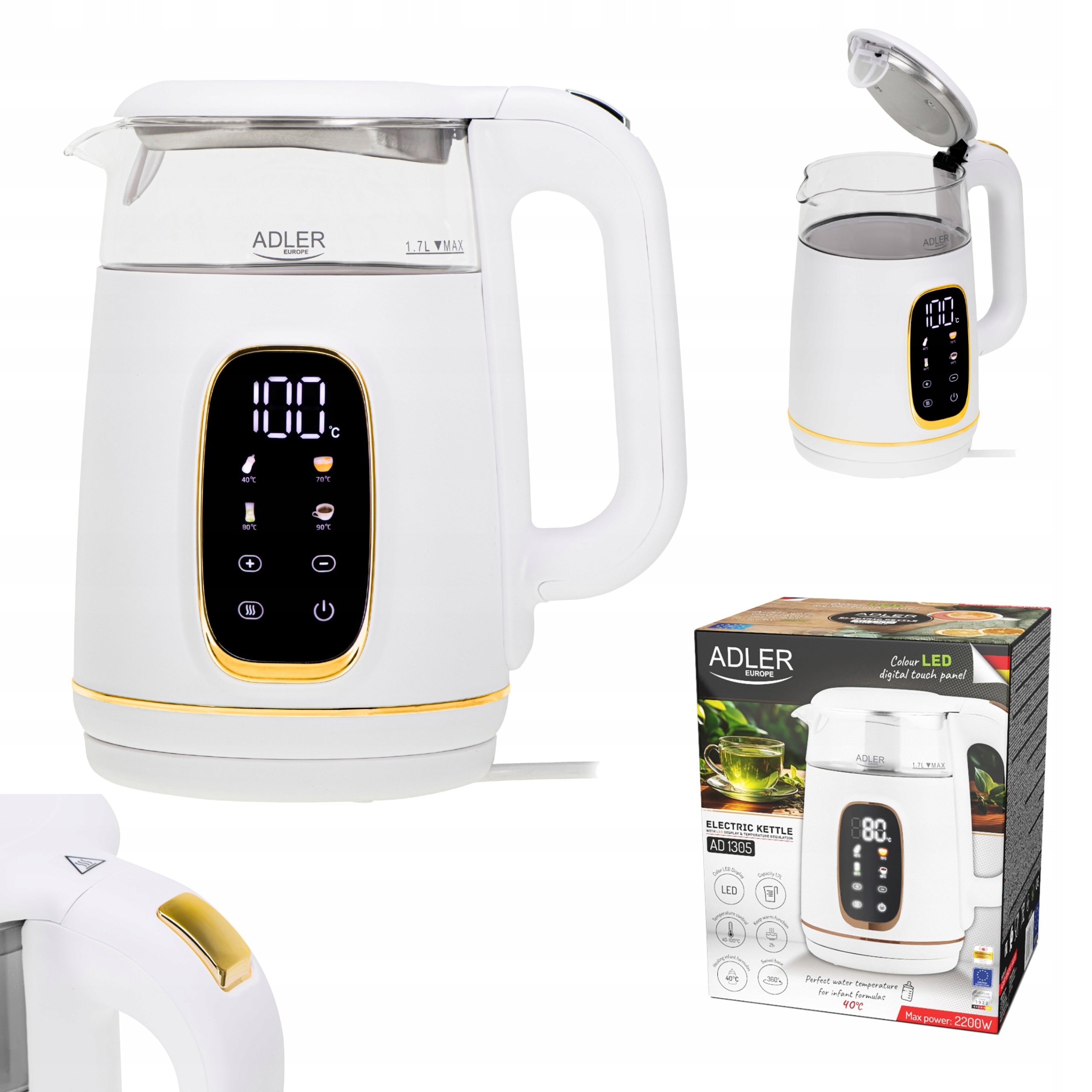 Rychlovarná Konvice Skleněná Bezdrátová 1.7L 2200W Led Panel Bílá Adler