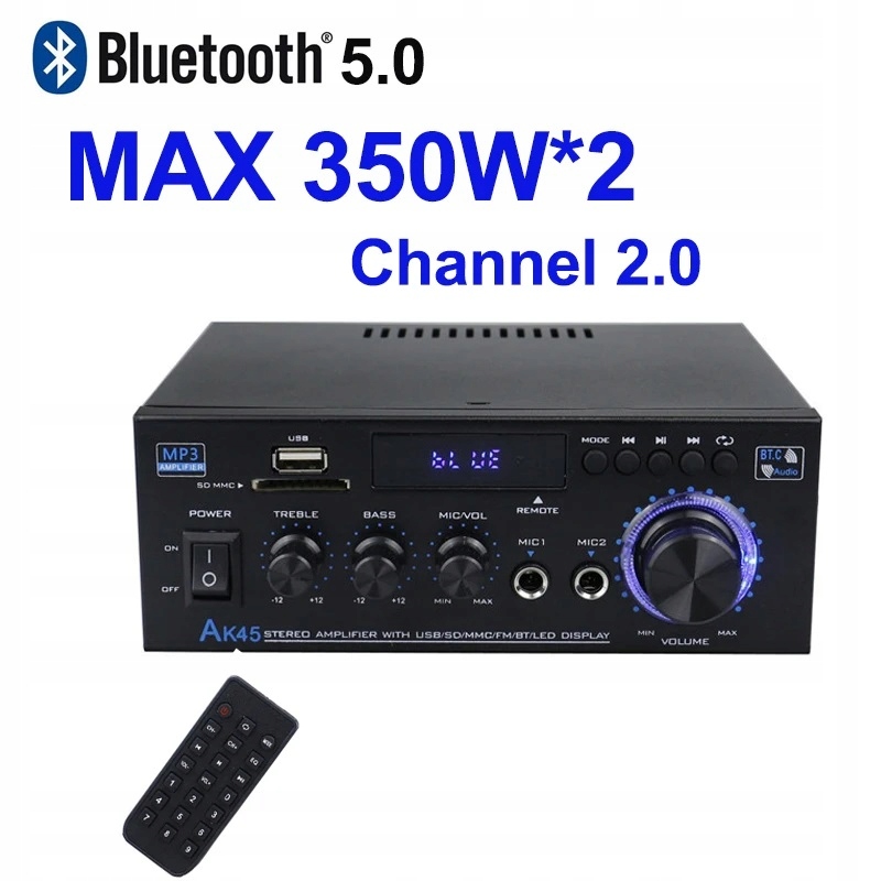 Výkonný zesilovač 2 x 45W rádio Bt MP3