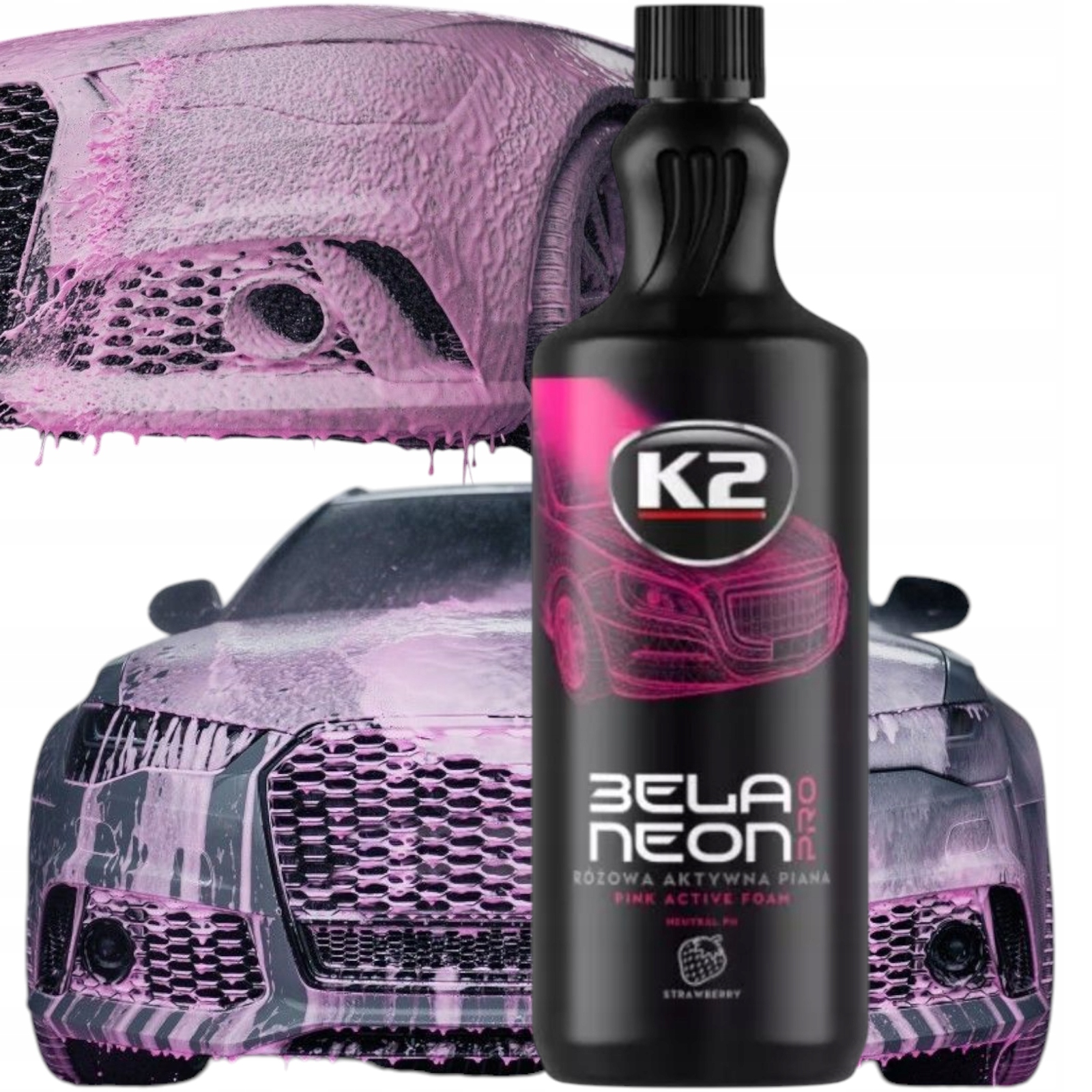 Kolorowa Aktywna Piana K2 Bela Neon 1L truskawka,neutralne PH,do mycia auta