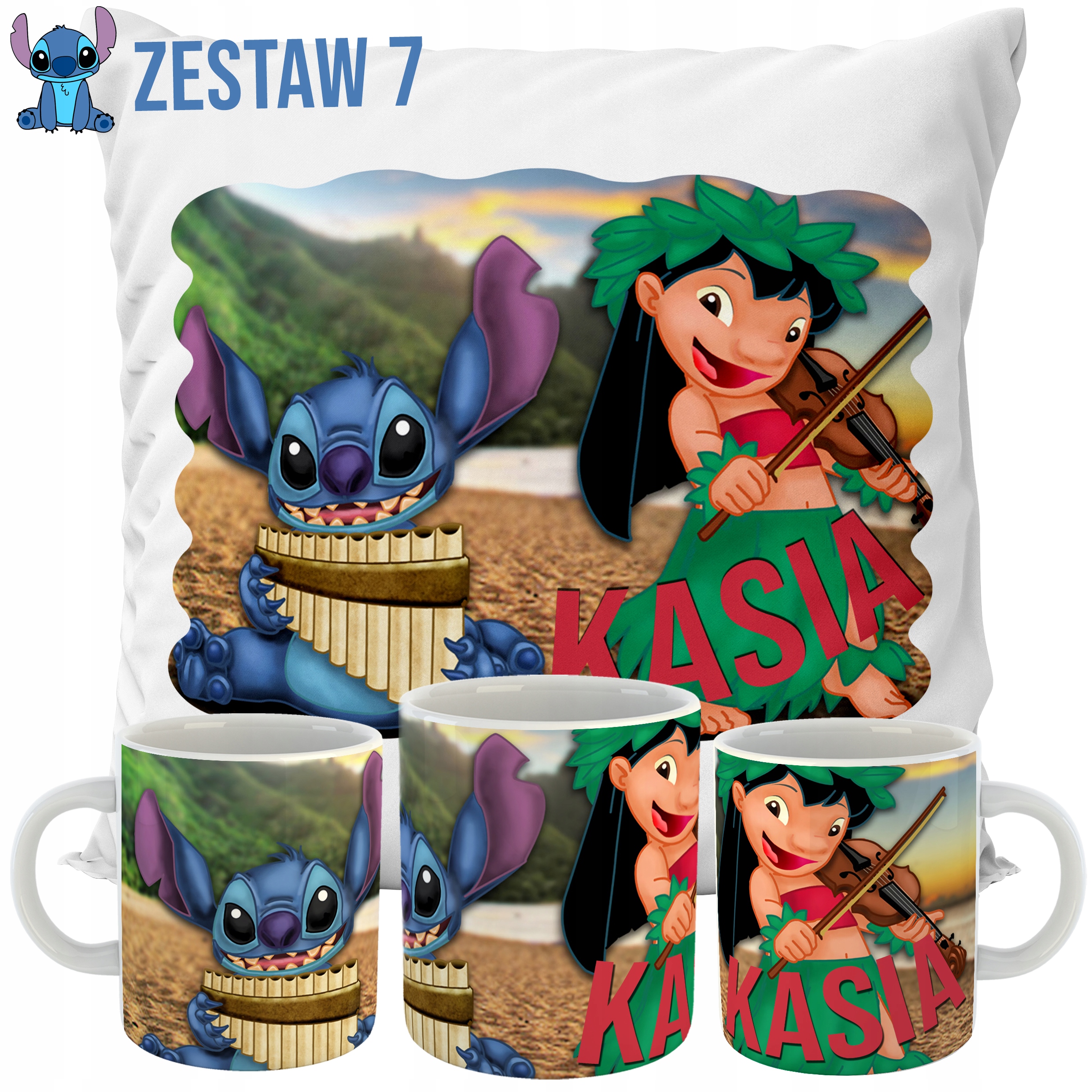 ZESTAW PODUSZKA + KUBEK LILO I STITCH IMIĘ PREZENT WZORY Bohater Lilo i Stitch