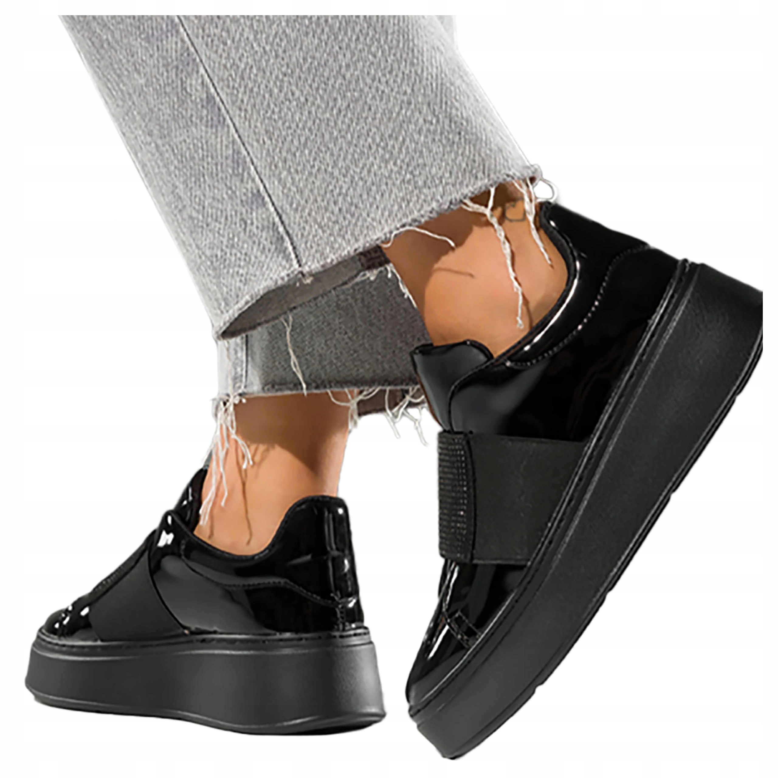 Černé dámské Lakované Polobotky Platforma Nazouvací Gumička Zirkony vel 39