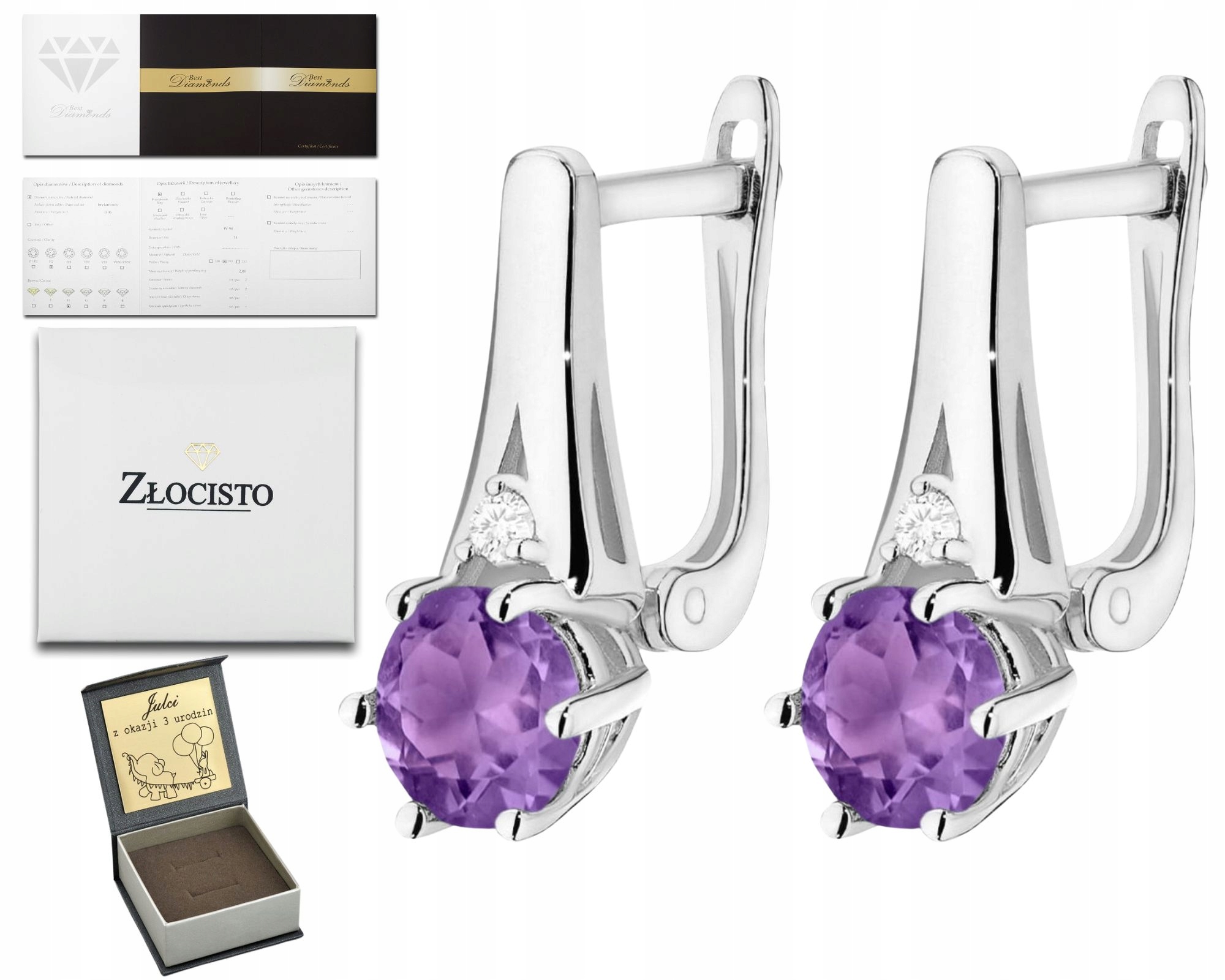 Bílé Zlato Náušnice S Ametystem A Brilianty Zlato 585 14K Anglické