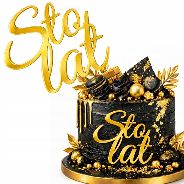 TOPPER AKRYLOWY STO LAT ZŁOTY NA BOK TORTU PLEXI ZŁOTE LUSTRO TOPER