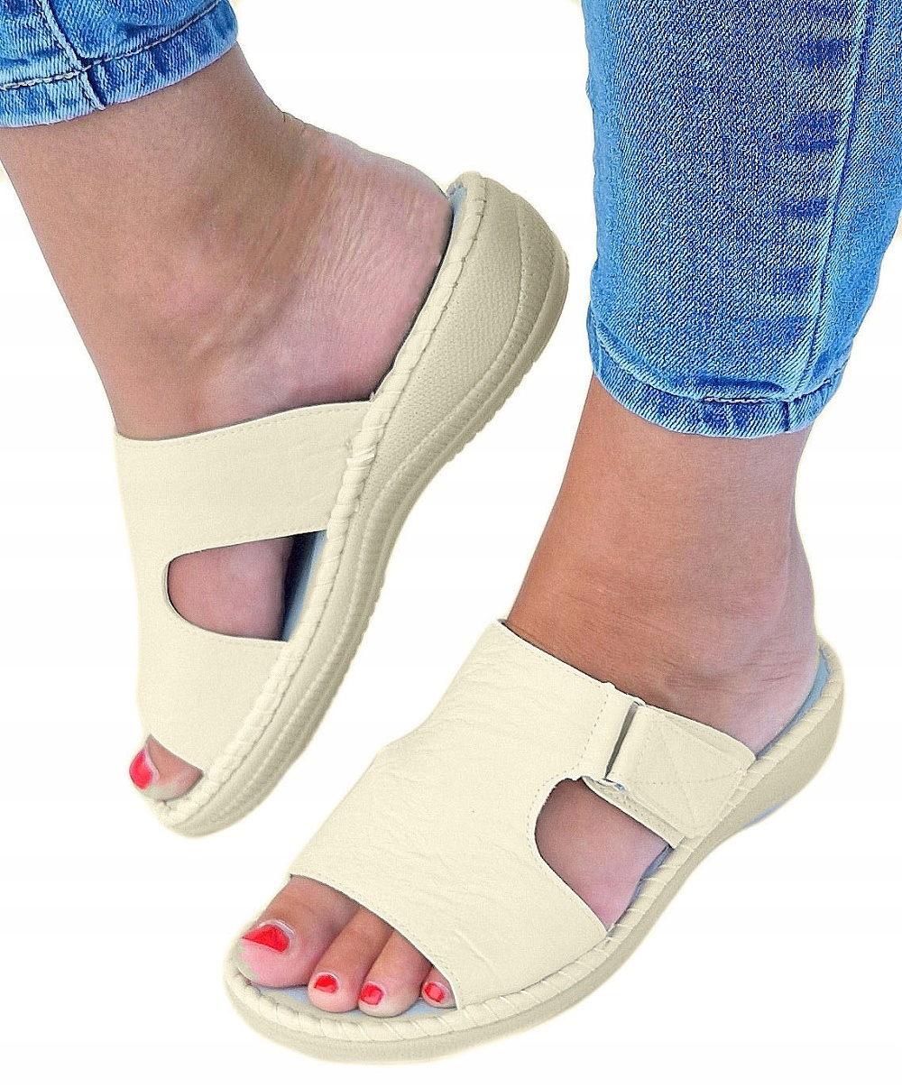 Beżowe Klapki Odkryte Medyczne Wkładka Skórzana 38