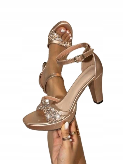 Shein Zlaté Sandály Na Podpatku S Se Třpytkami A Páskem 39 1KA