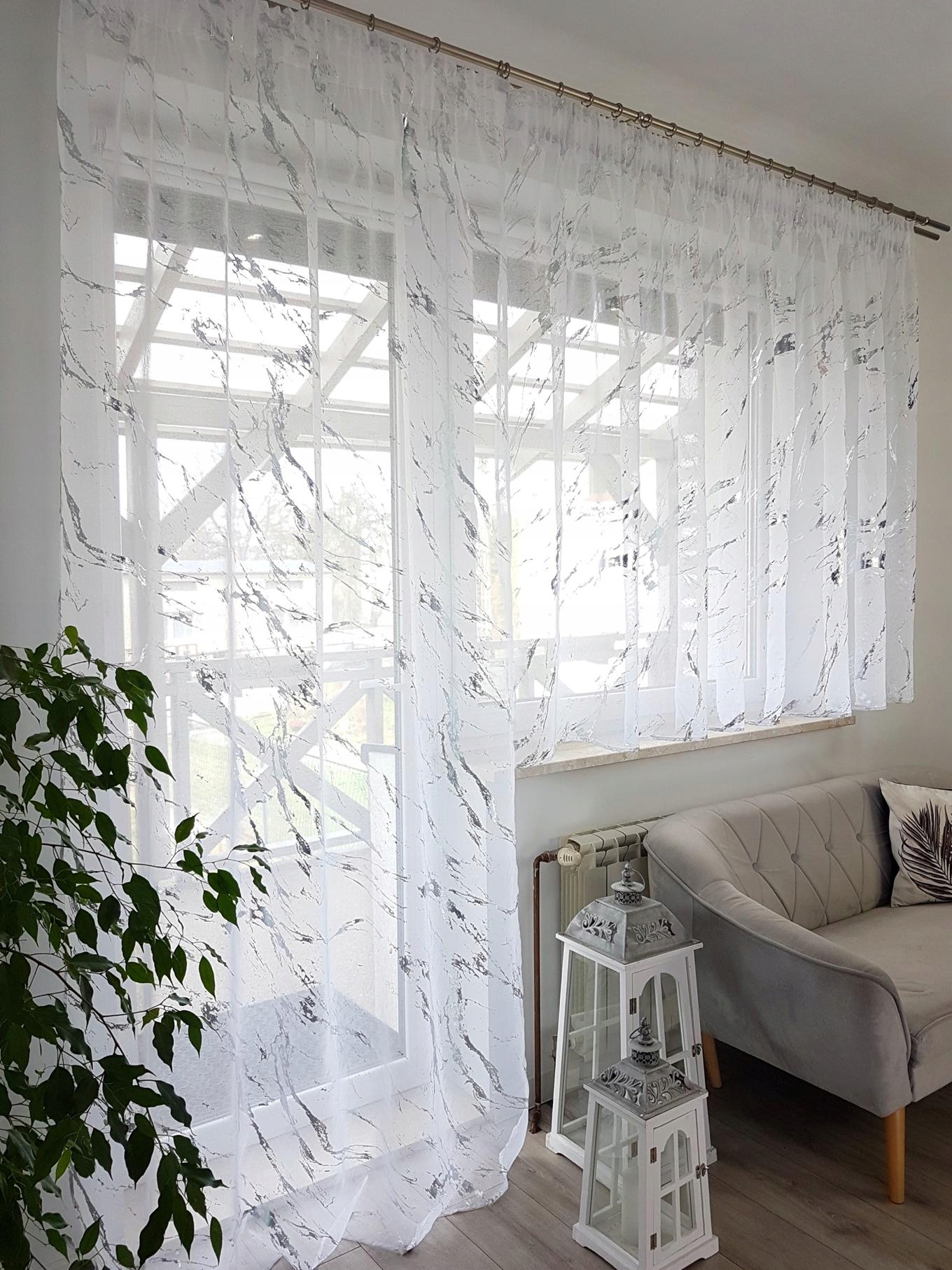 Komplet Firana Balkonowa Z Sable Ze Srebrnym Wzorem Firanki Do Salonu