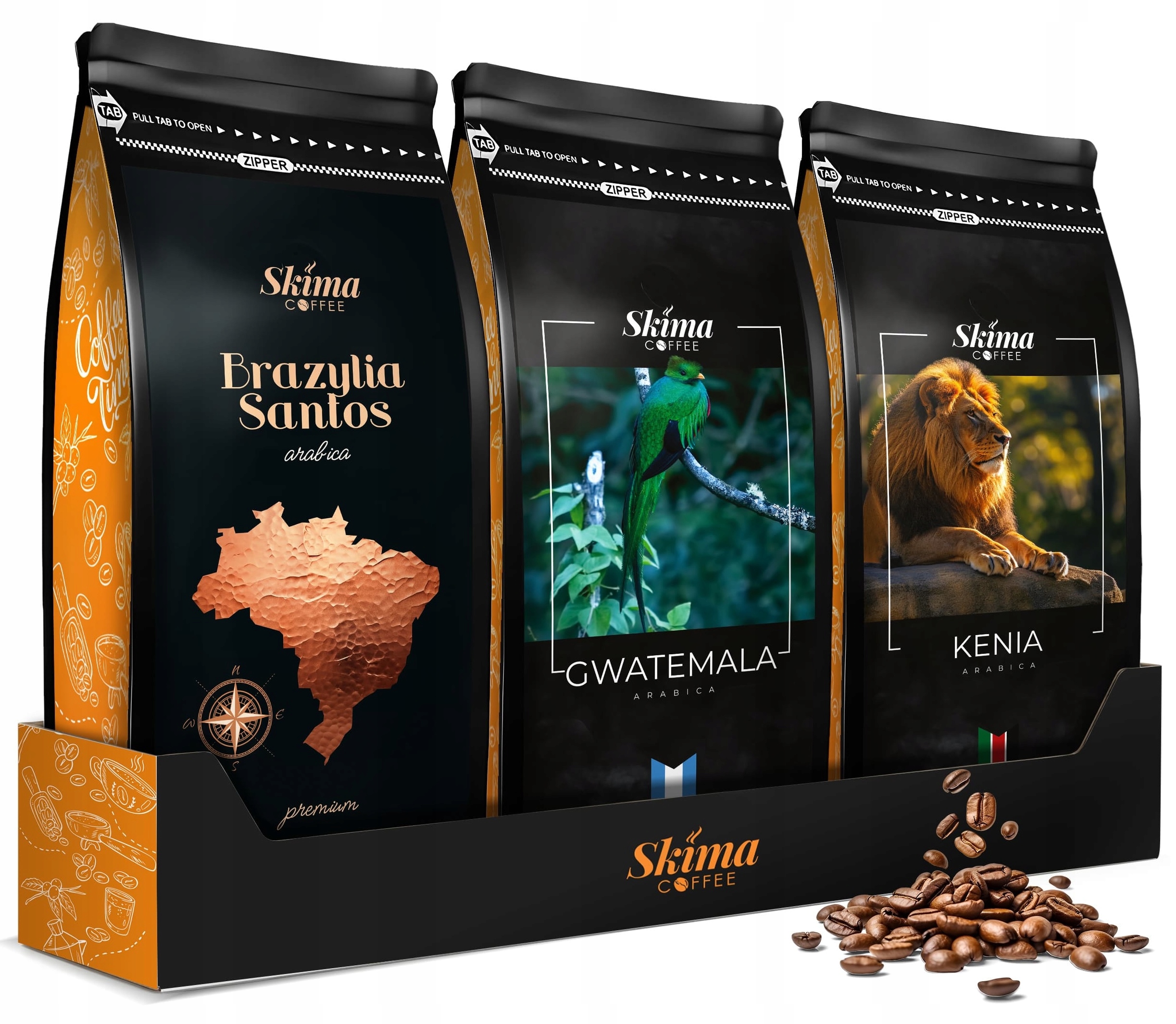 Káva zrnková 1kg x3 Keňa/guatemala/brazílie Santos Arabica čerstvá+BONUS
