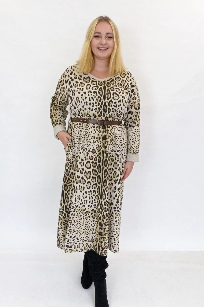 Dlouhá Šaty s s leopardím vzorem s dlouhým rukávem, béžová, Uni