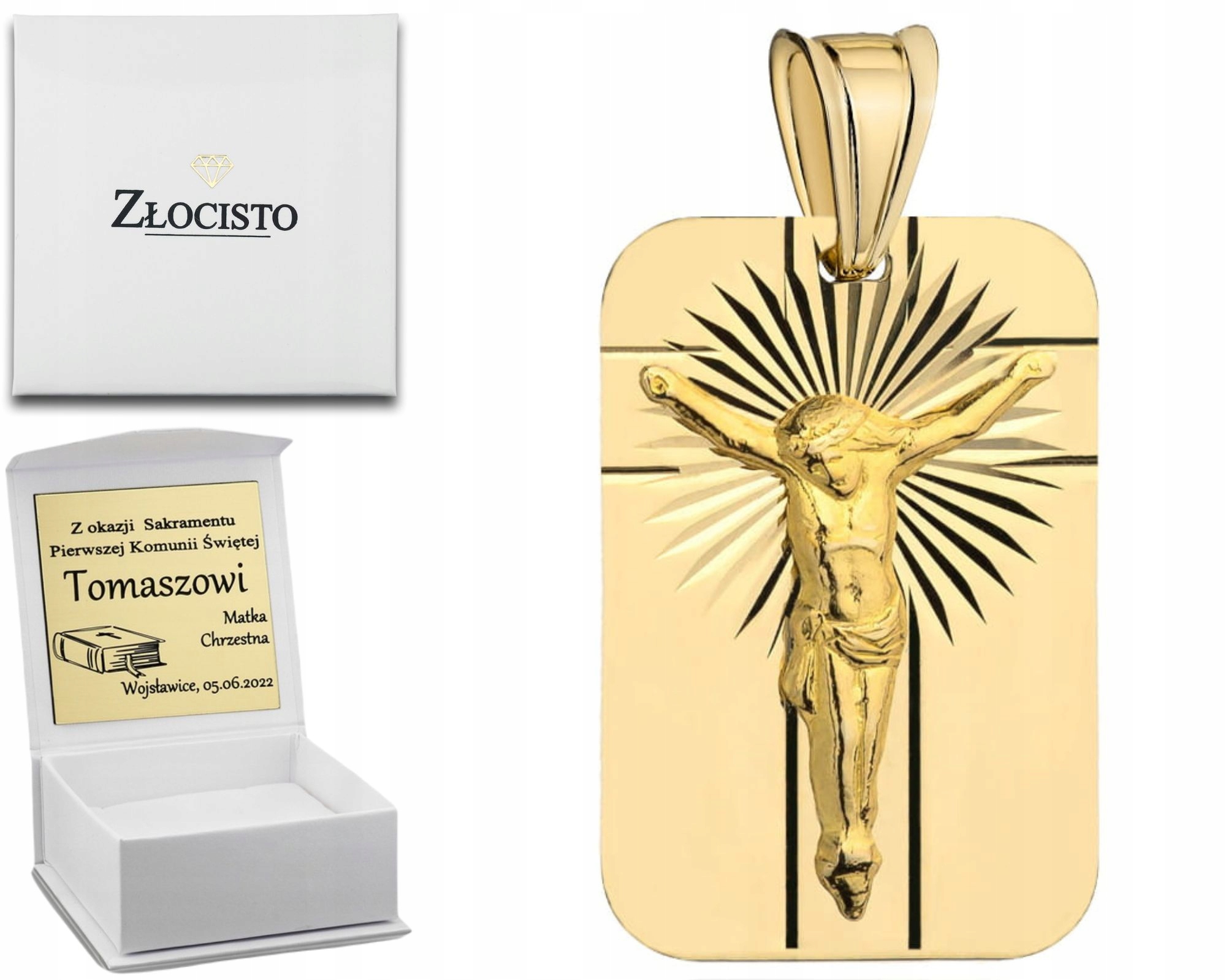 Zlatý Medailonek Obdélníkový Diamantový Přívěsek S Ježíšem 585 Gravírování