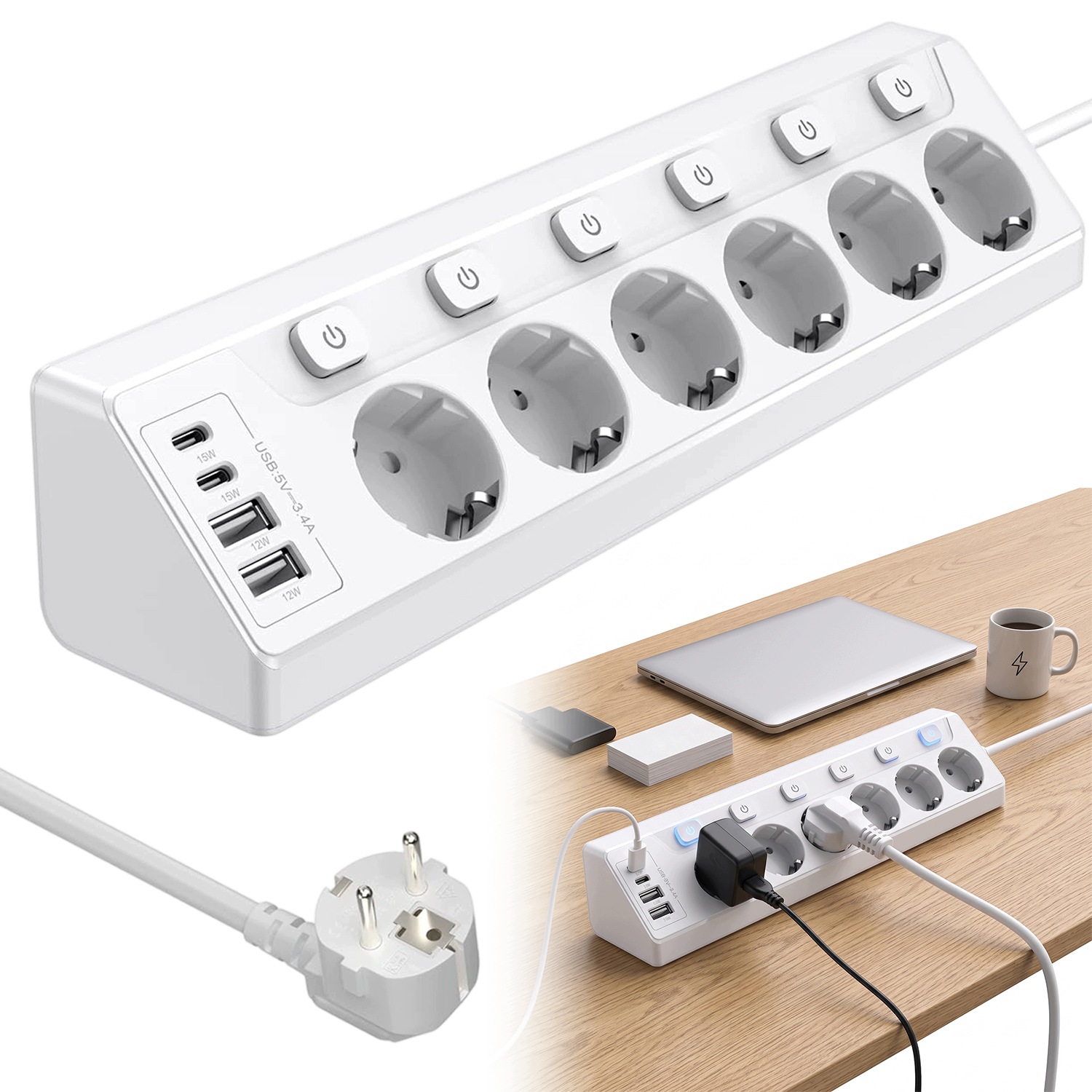 Prodlužovací Kabel Zásuvková Lišta Síťová 2M 6 zásuvek 2X Usb 2X Typc Nabíječka