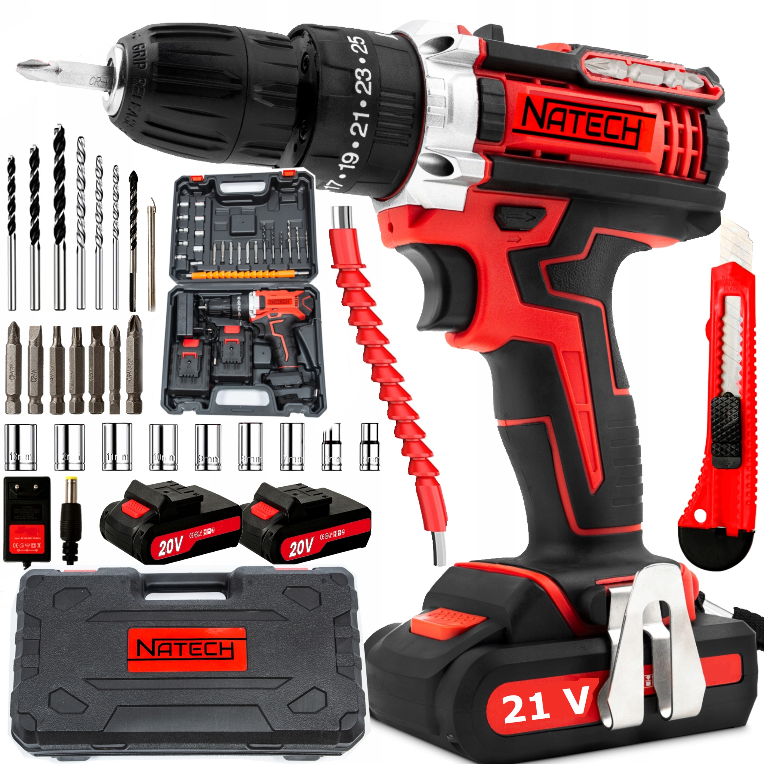 Wiertarko-wkrętarka udarowa Natech 21V Akumulatorowa 2xAKU Mocna Zestaw