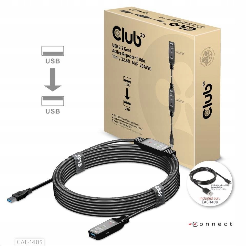 Kábel Usb Club3D 3.2 Kábel aktívneho opakovača Gen1 M/ F 28AWG, 10 m Cac…