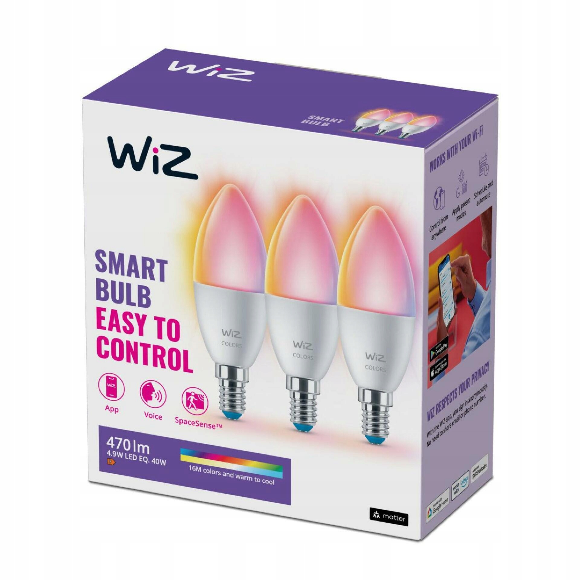 WiZ Set 3x Led žárovka E14 C37 4,9W 470lm 2200-6500K Rgb IP20, stmívatelná